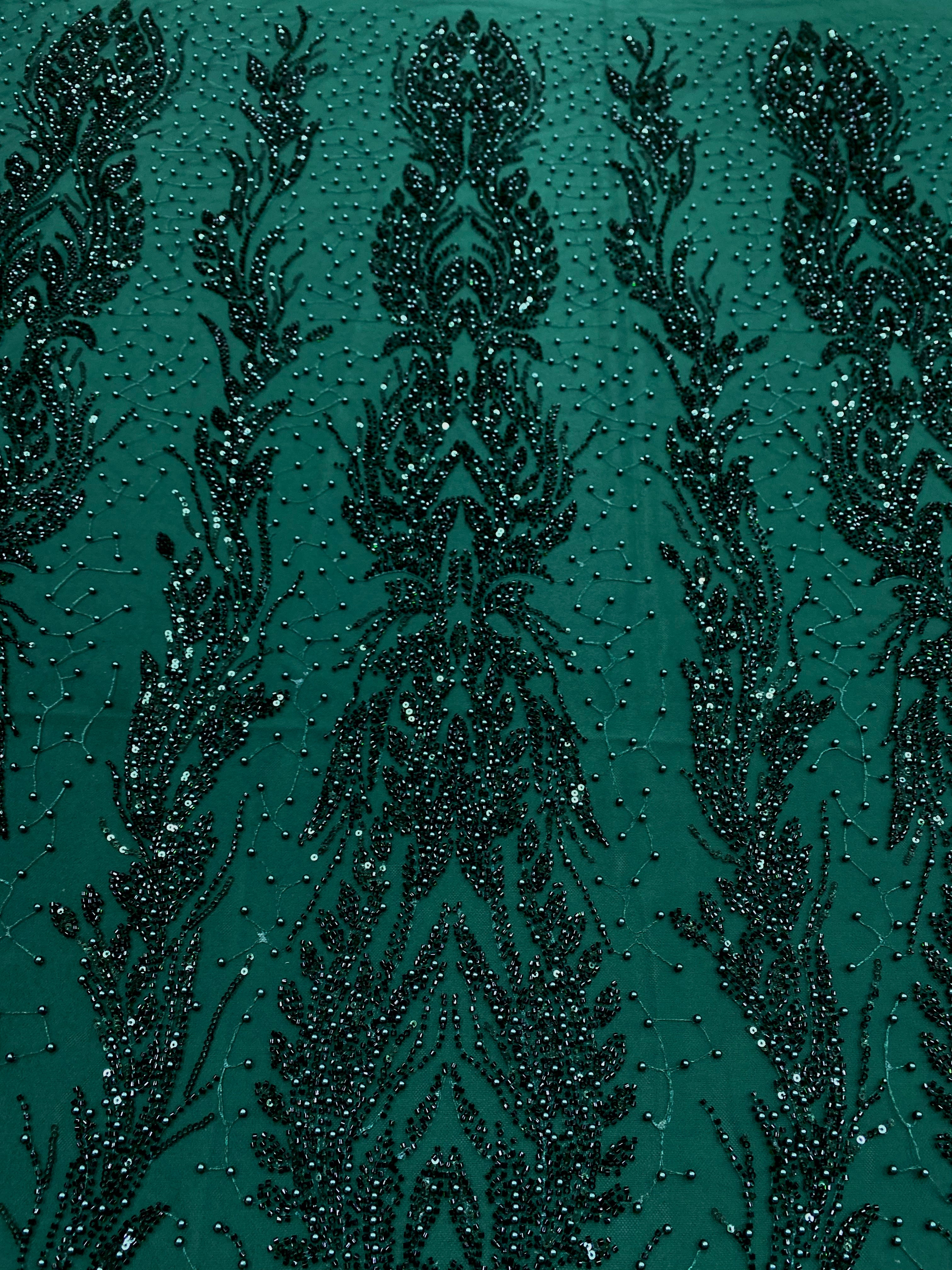 Dantela Couture Verde Inchis cu Model Simetric, cu Perle, Margele si Paiete
