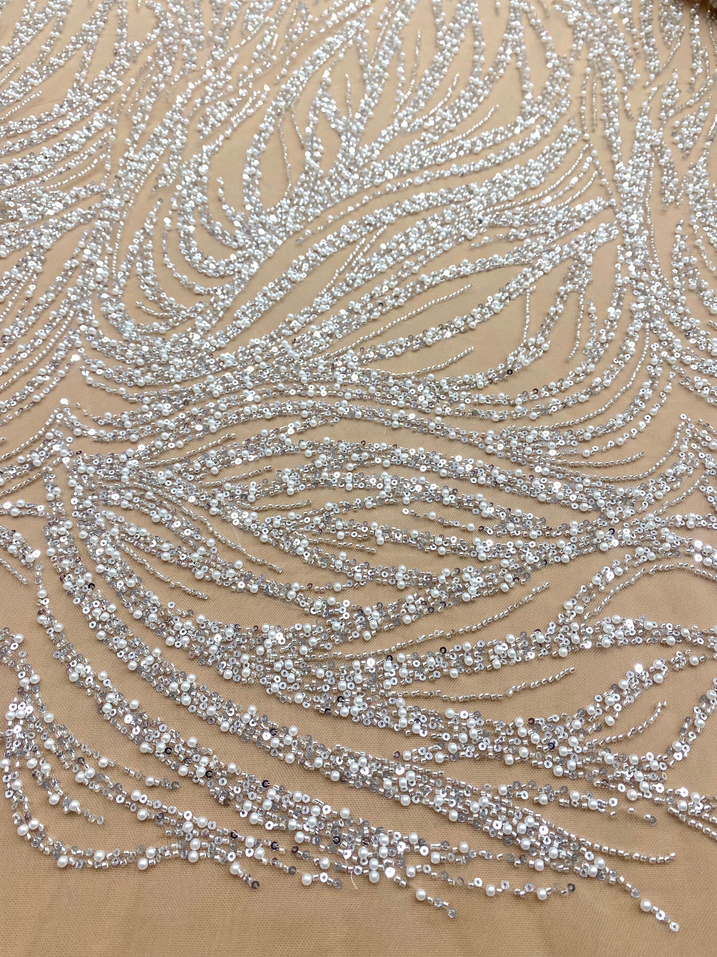 Silver Couture Lace on Nude Tulle with Geometric Pattern, with Pearls, Beads and Sequins