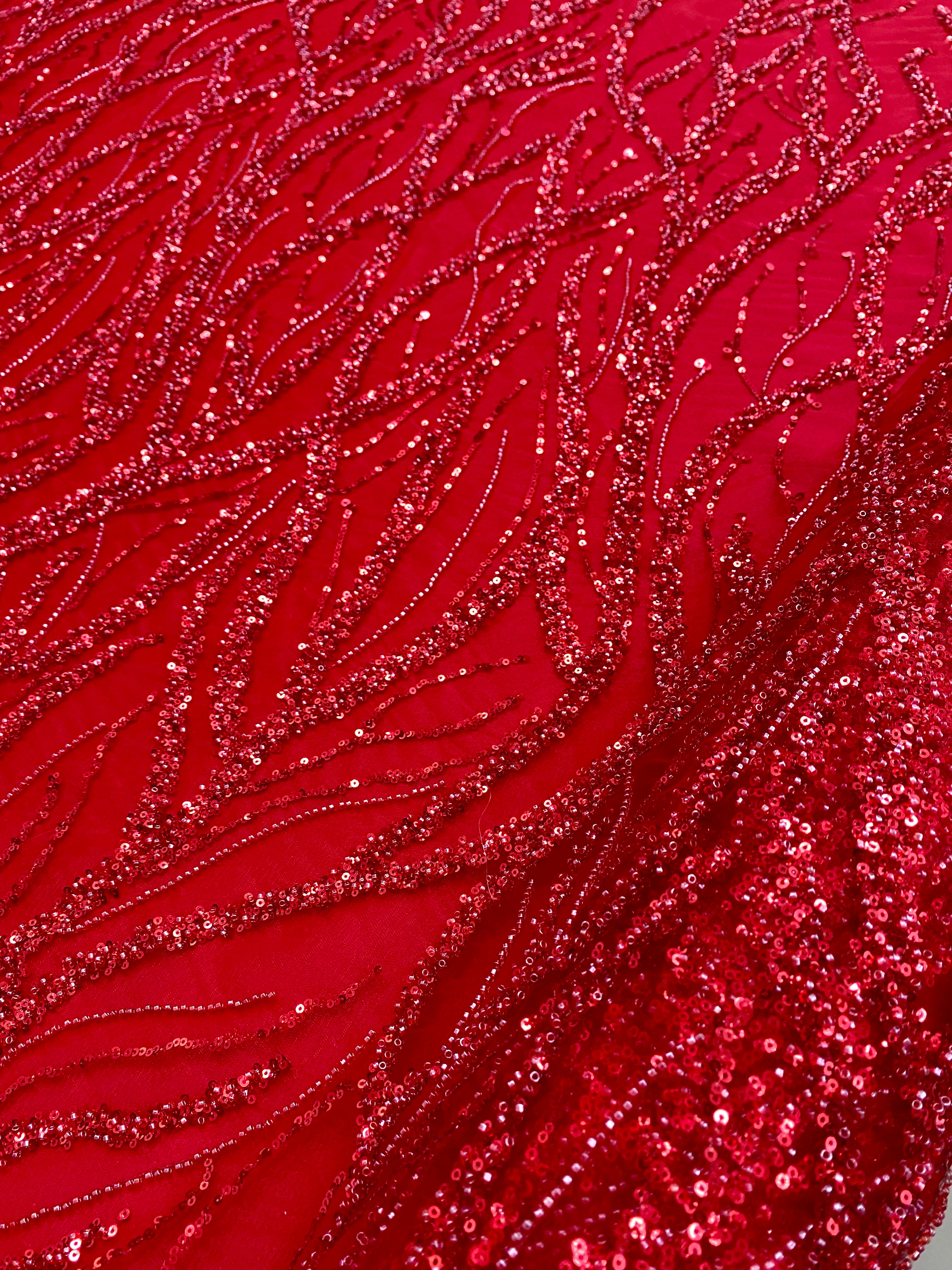 Red Couture Lace with Strings, Beads and Sequins
