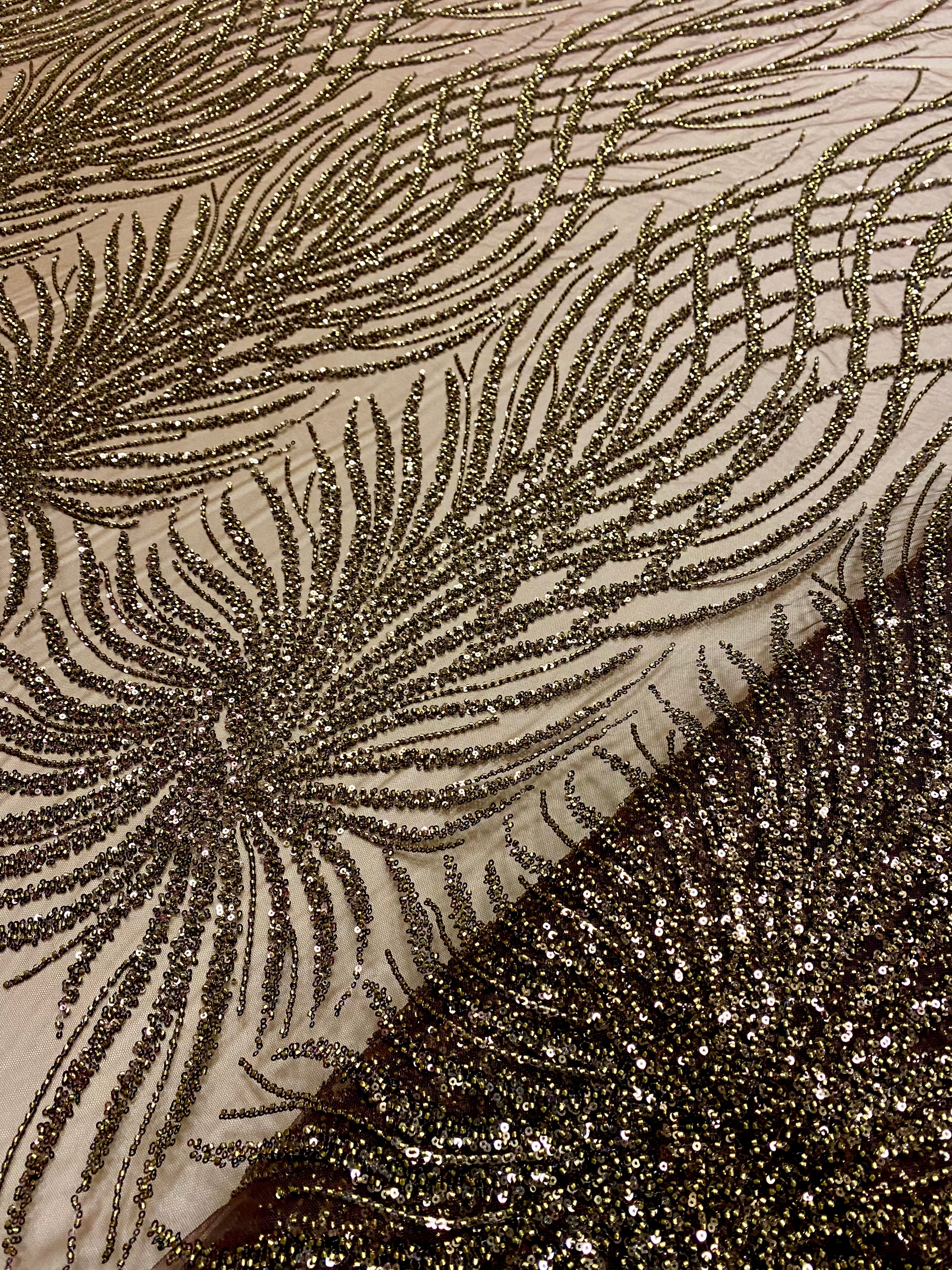 Brown Lace with Geometric Pattern, with Beads and Sequins