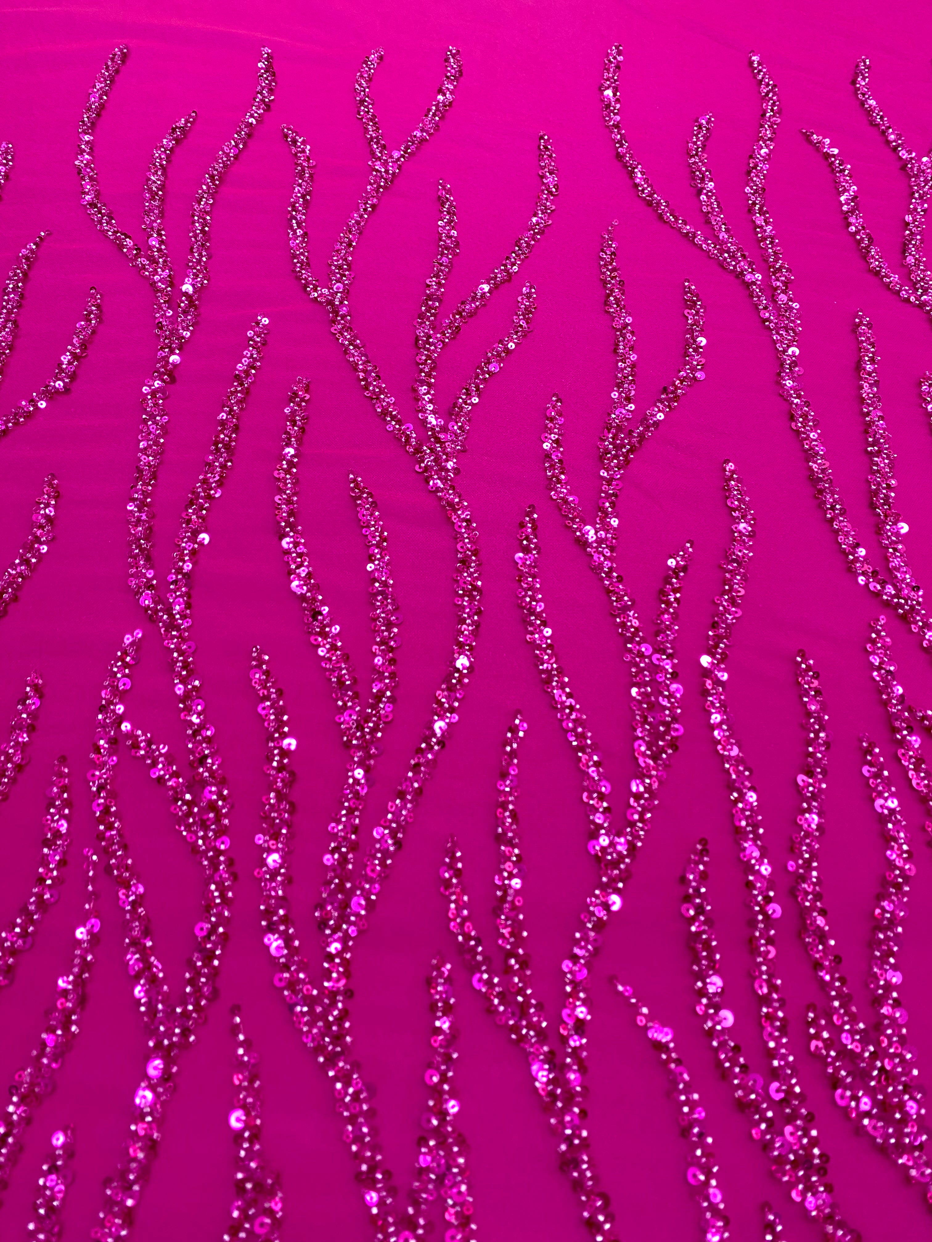 Dantela Couture Fucsia cu Siraguri, cu Margele si Paiete