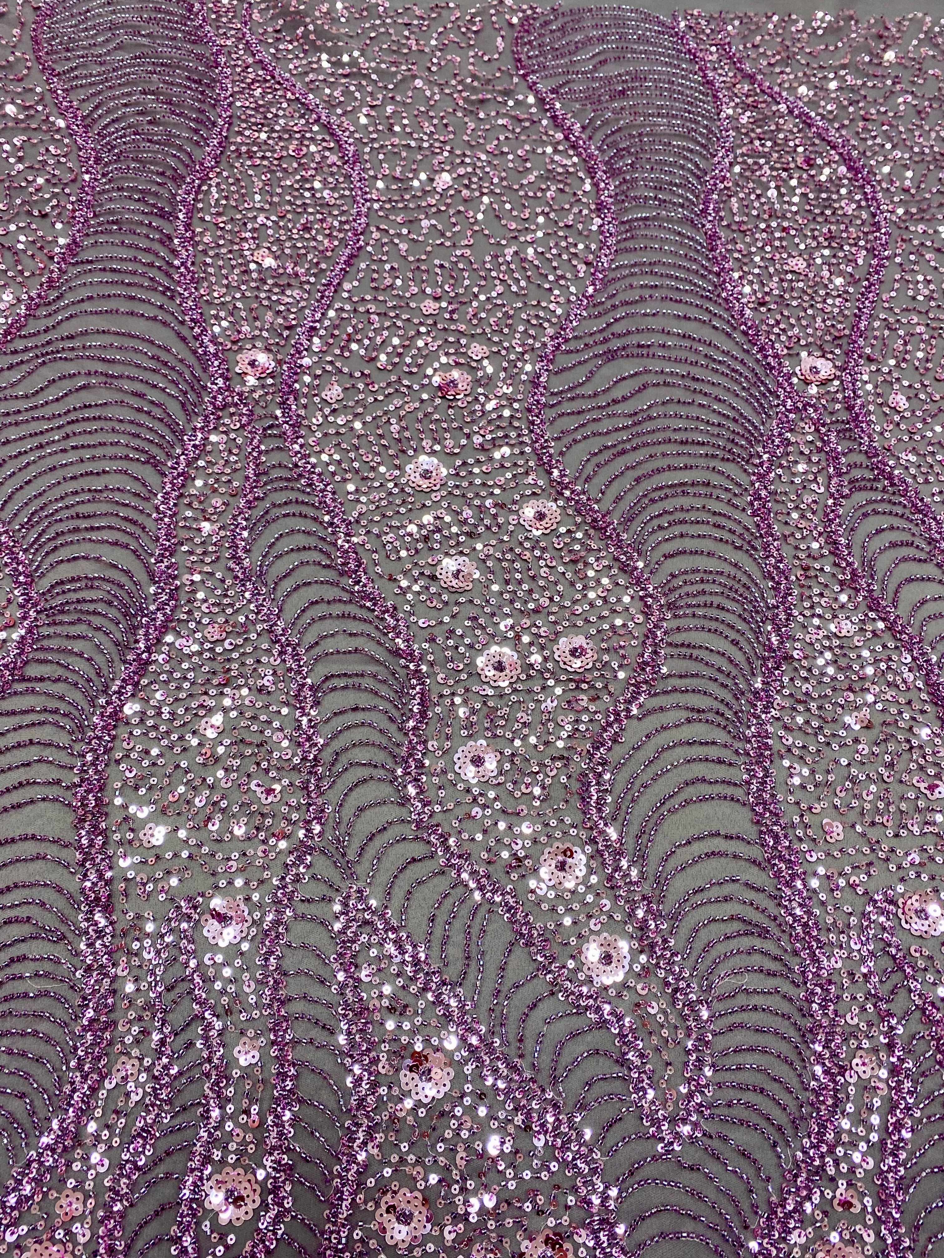 Dantela Couture Lavanda Pudrata cu Model Geometric si Flori, cu Margele si Paiete