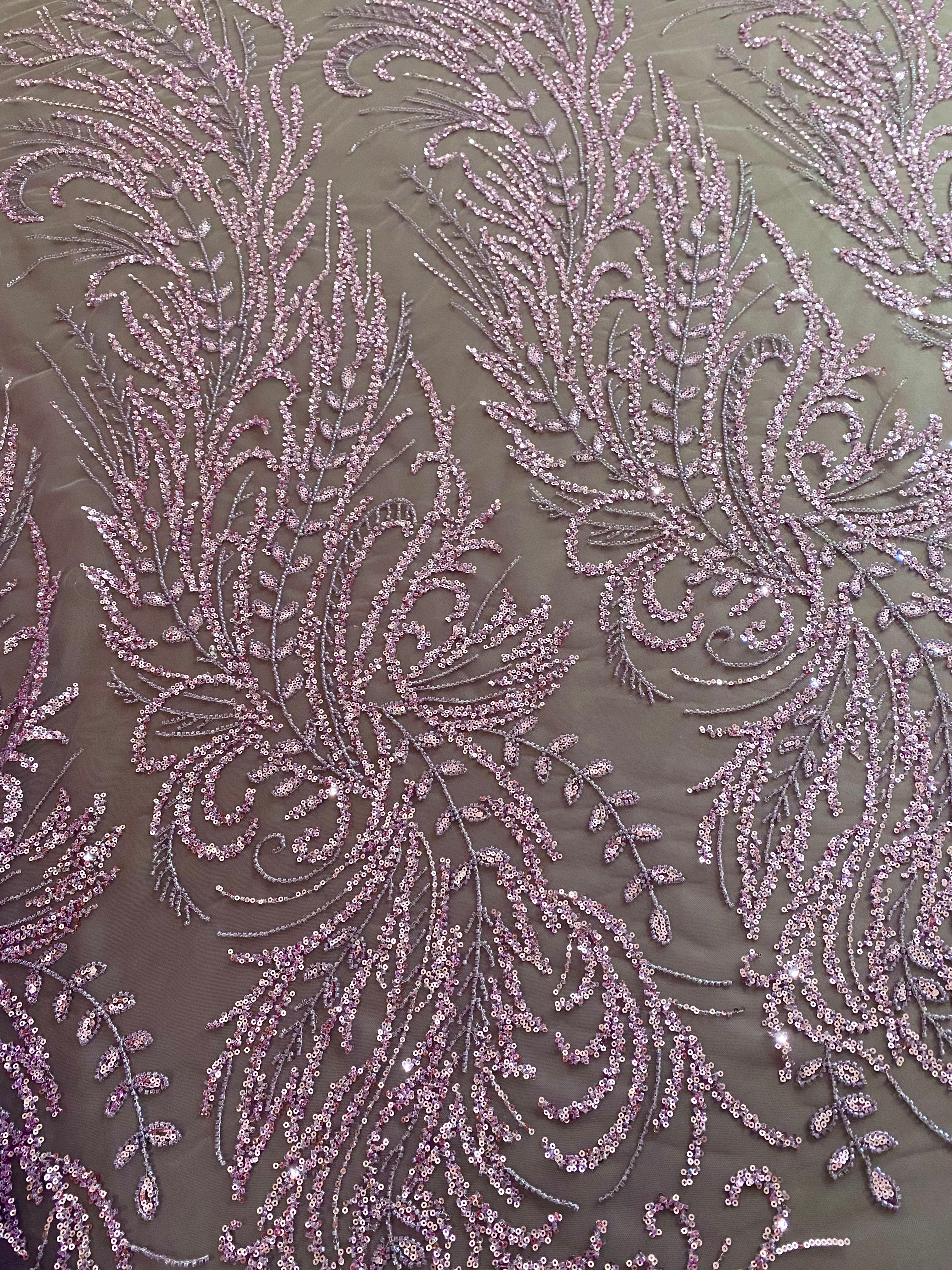 Dantela Couture Lavanda Pudrata cu Model Floral, cu Margele si Paiete