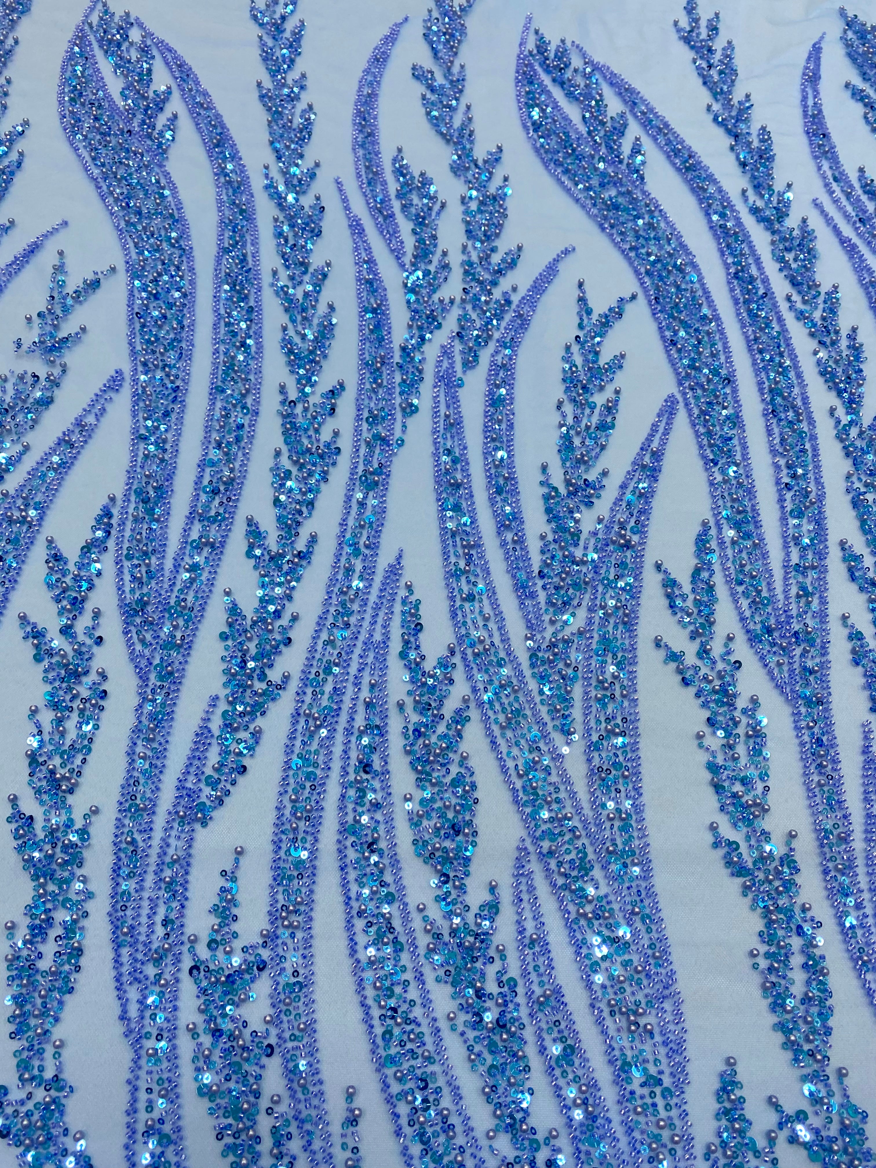 Silver Couture Lace on Blue Tulle, with Symmetrical Pattern, with Beads and Sequins 
