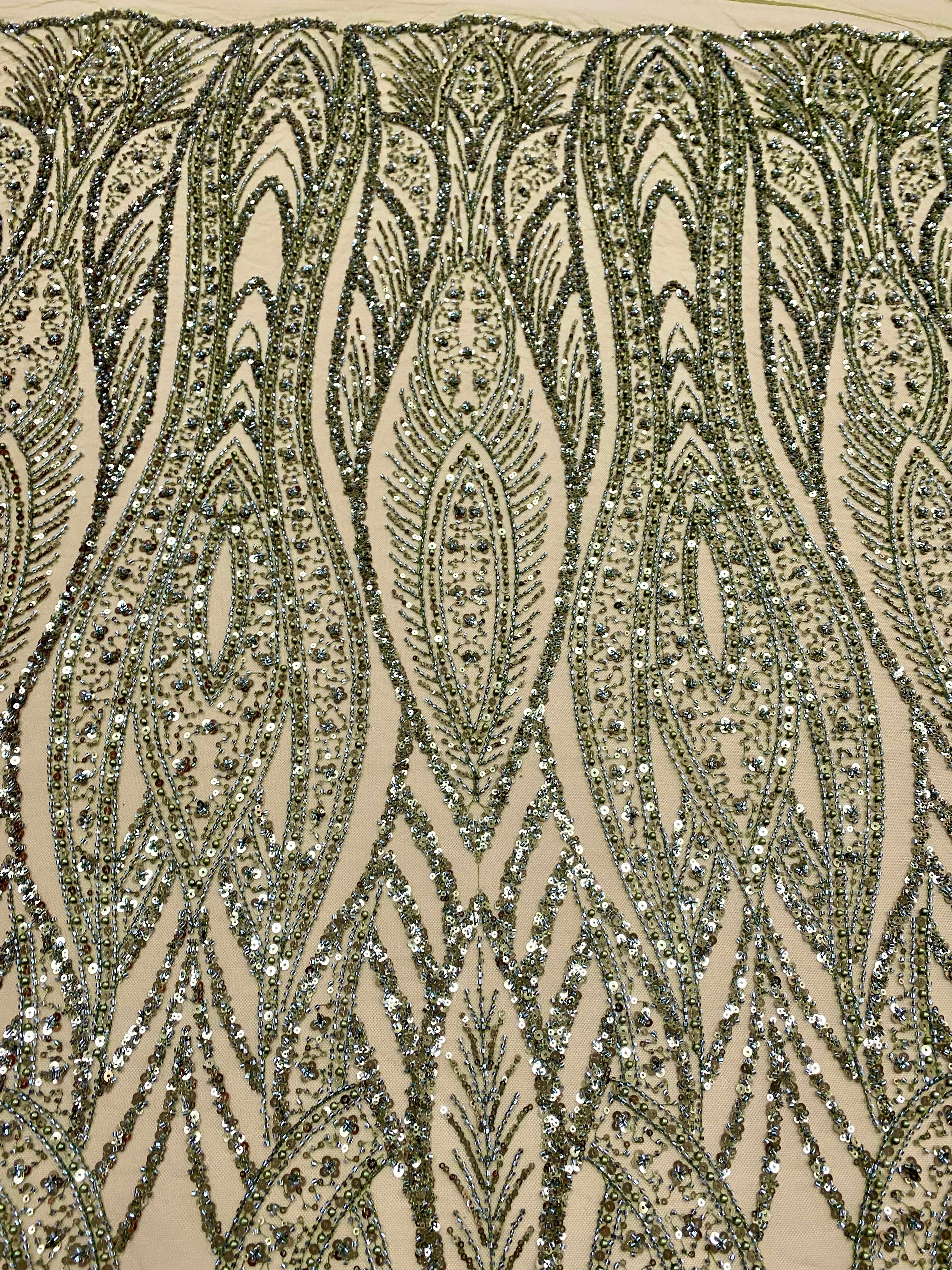 Dantela Couture Olive cu Model Geometric, cu Perle, Margele si Paiete