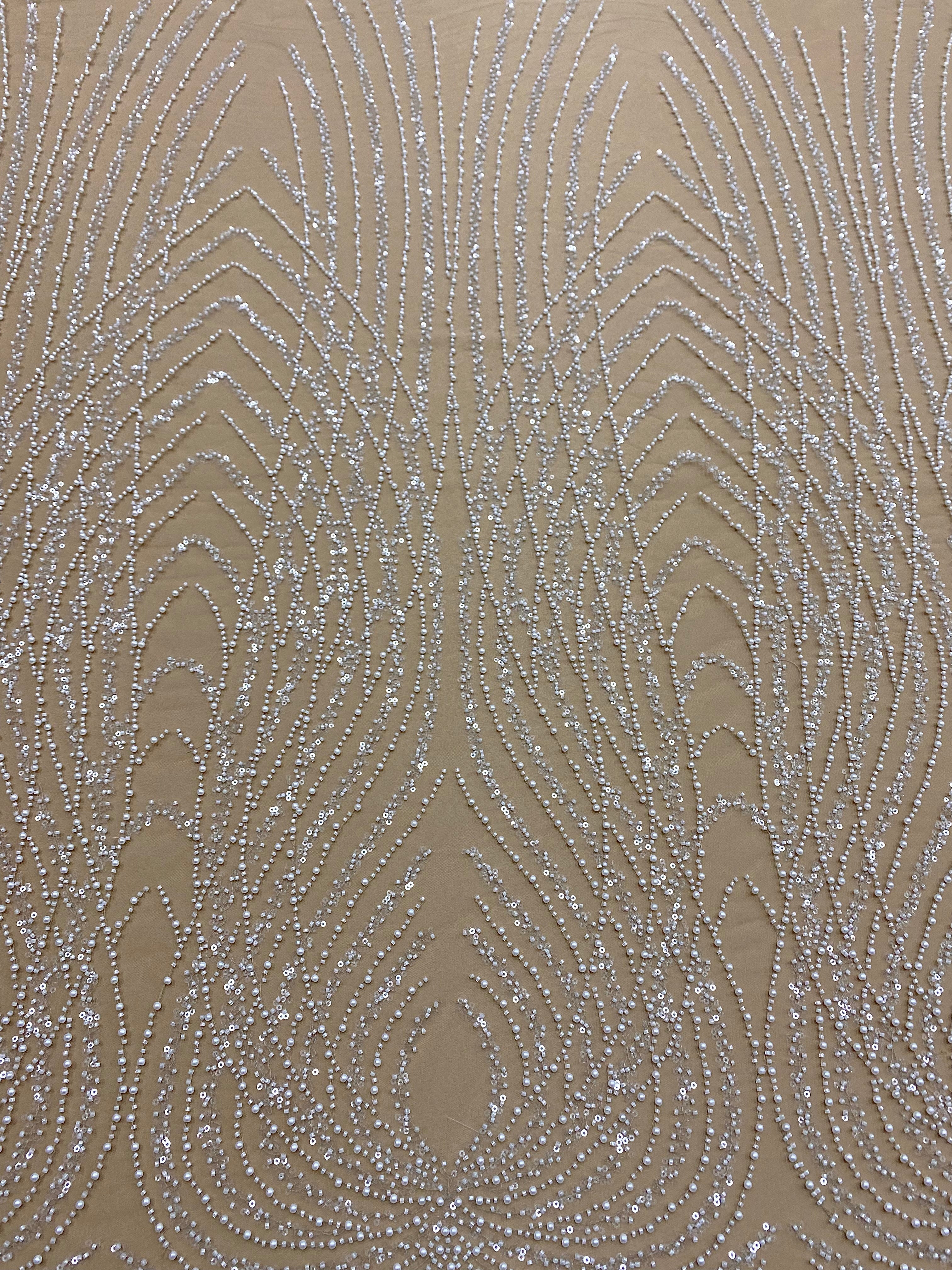 Dantela Couture Ivory pe Tulle Nude cu Panou, cu Perle, Margele si Paiete