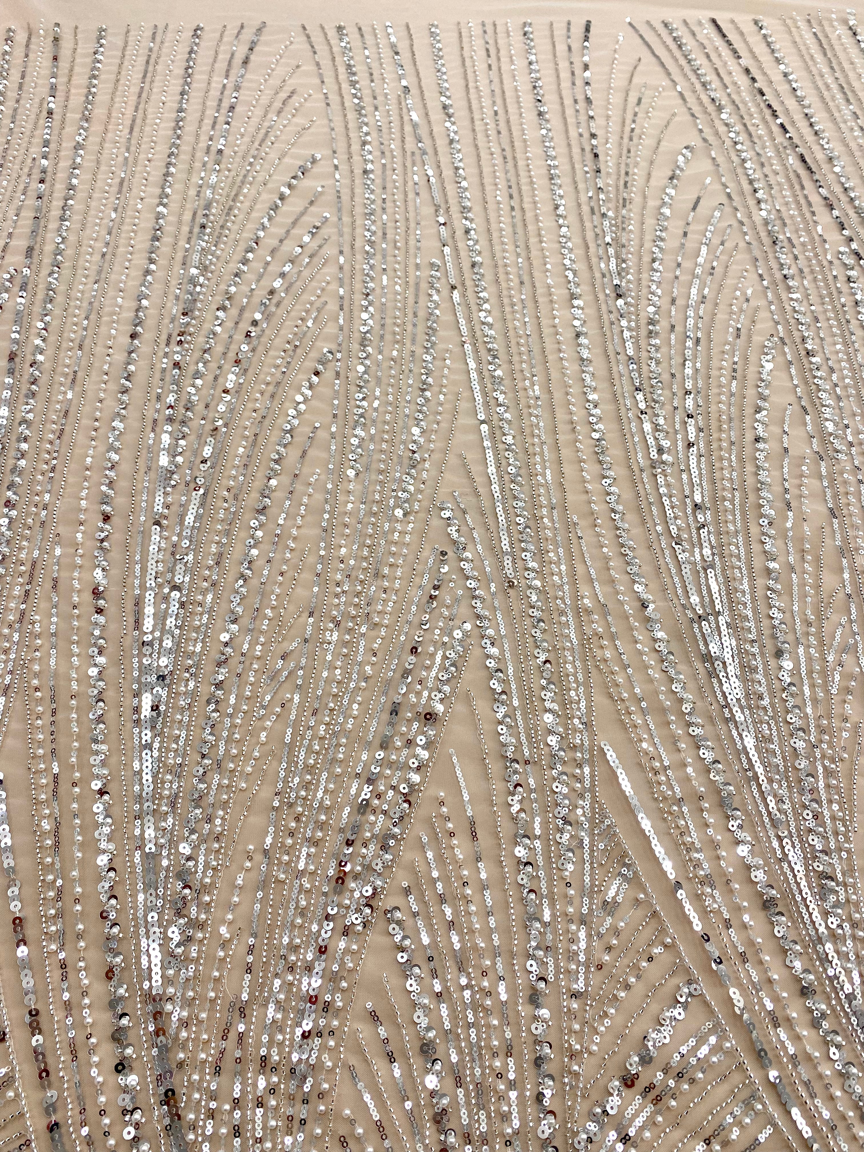 Silver Lace with Geometric Pattern, with Beads and Sequins