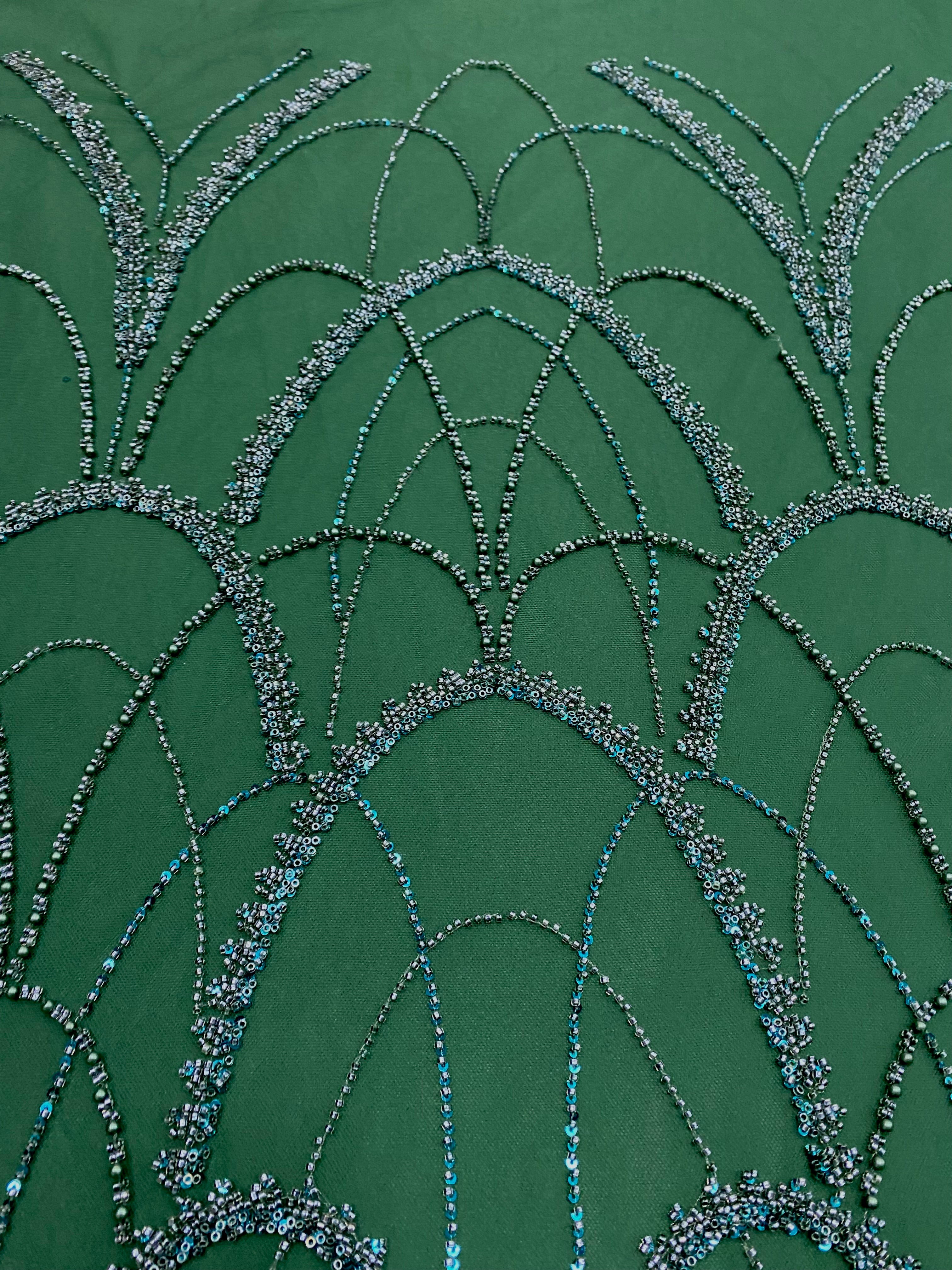 Emerald Green Couture Lace with Geometric Pattern, with Pearls, Beads and Sequins