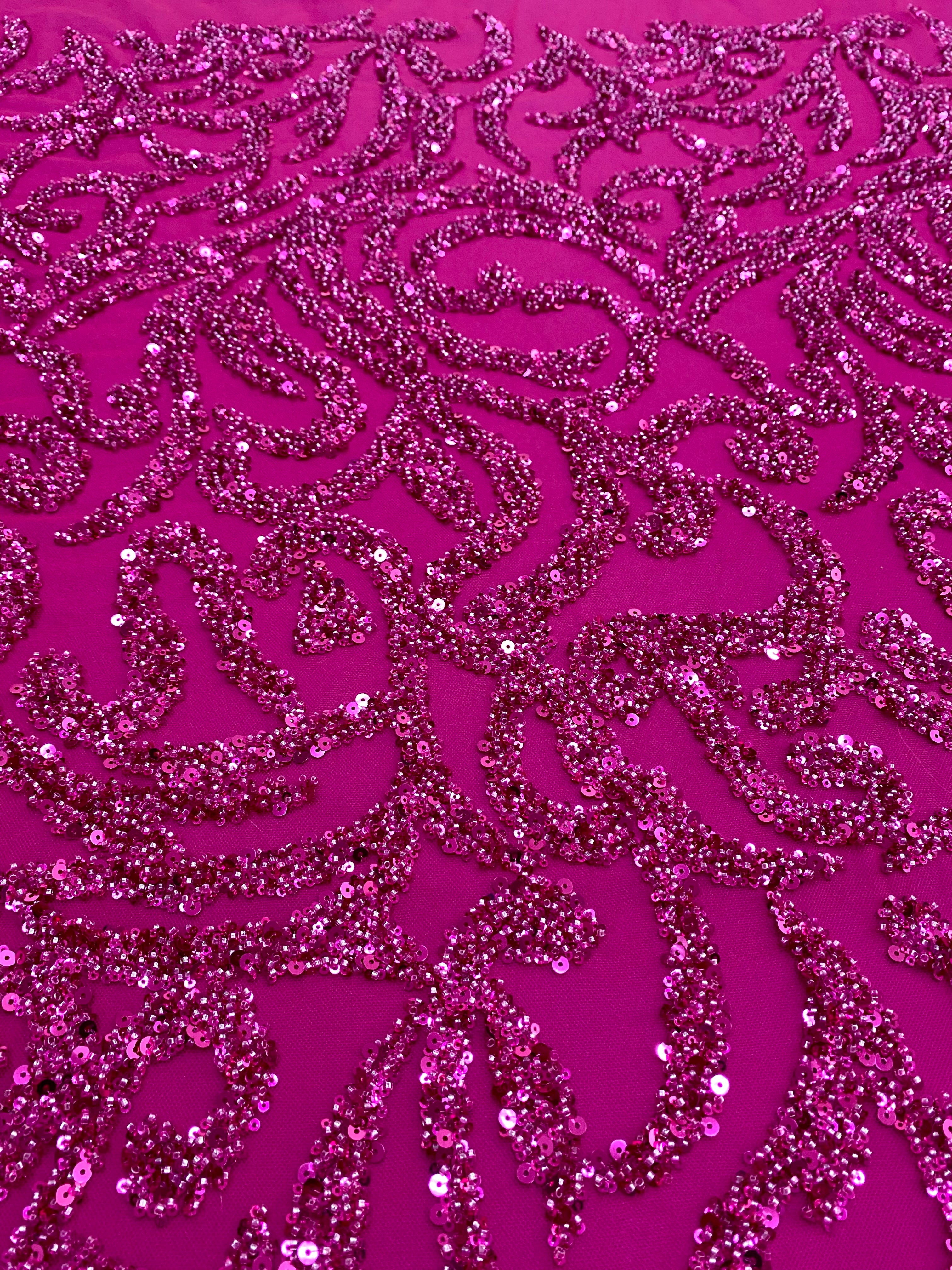 Dantela Couture Fucsia cu Model Geometric, cu Margele si Paiete