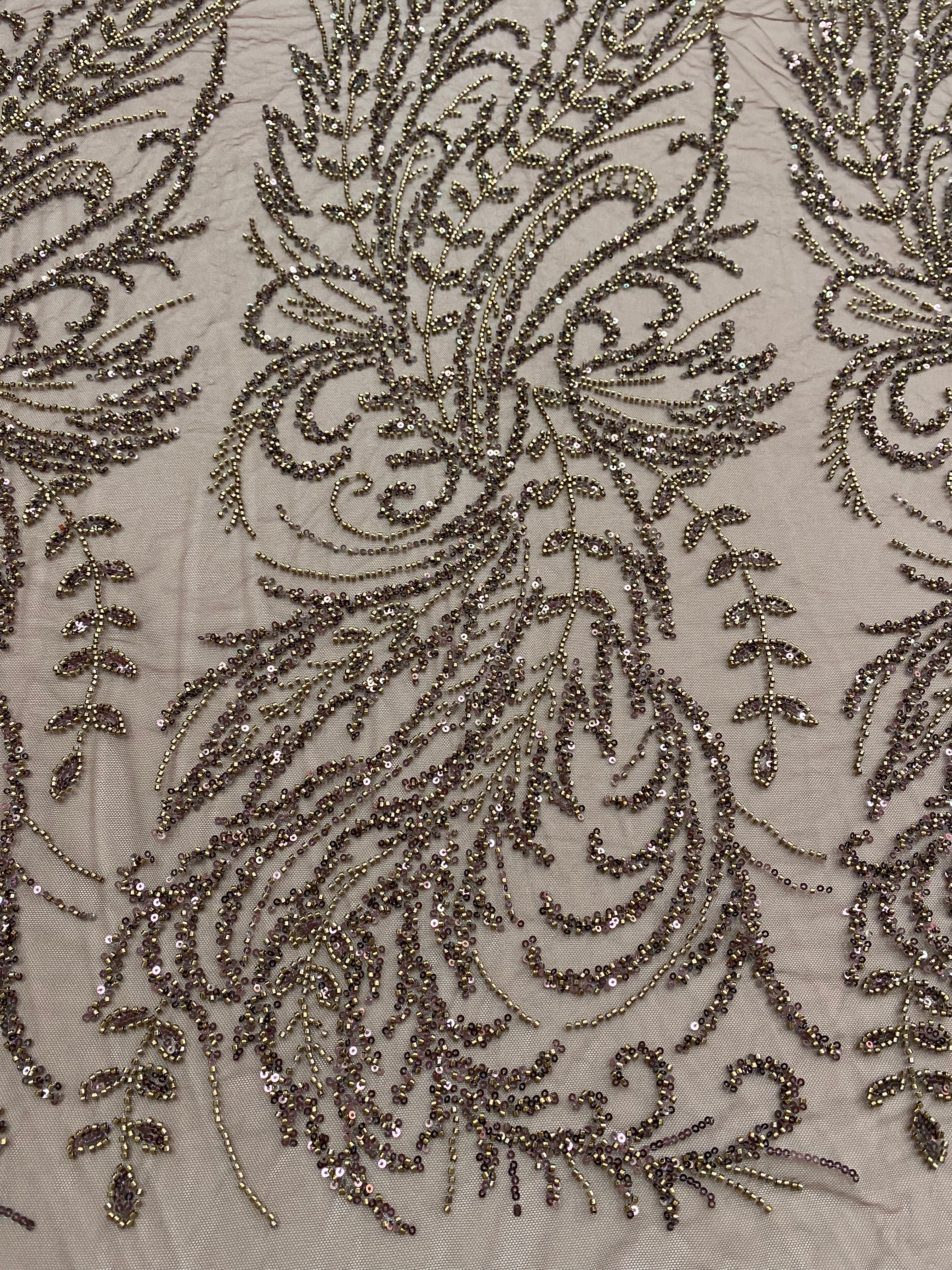 Antique Gold Couture Lace with Floral Pattern, Beads and Sequins 