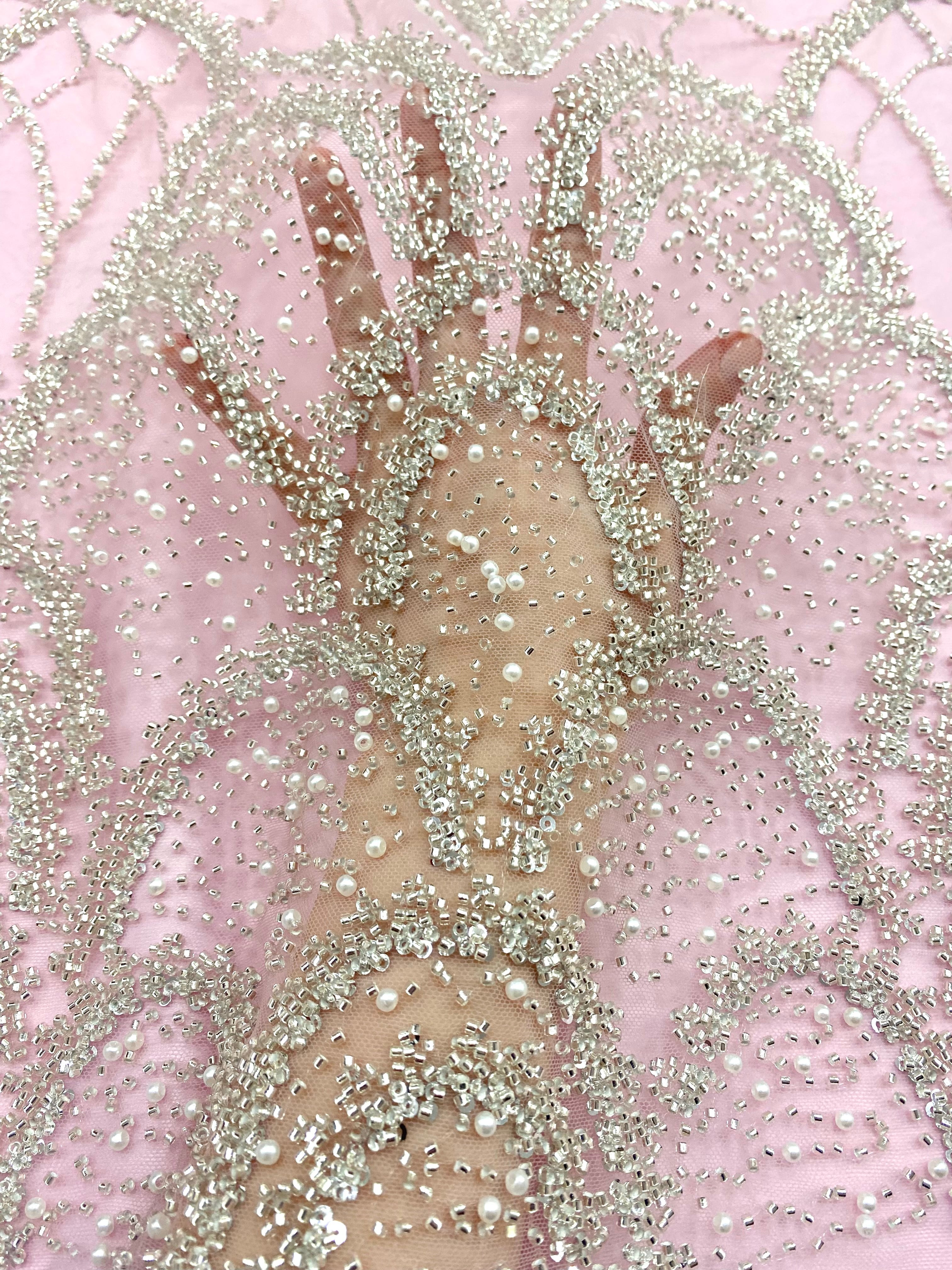 Silver Couture Lace on Pink Tulle with Geometric Pattern, with Pearls, Beads and Sequins