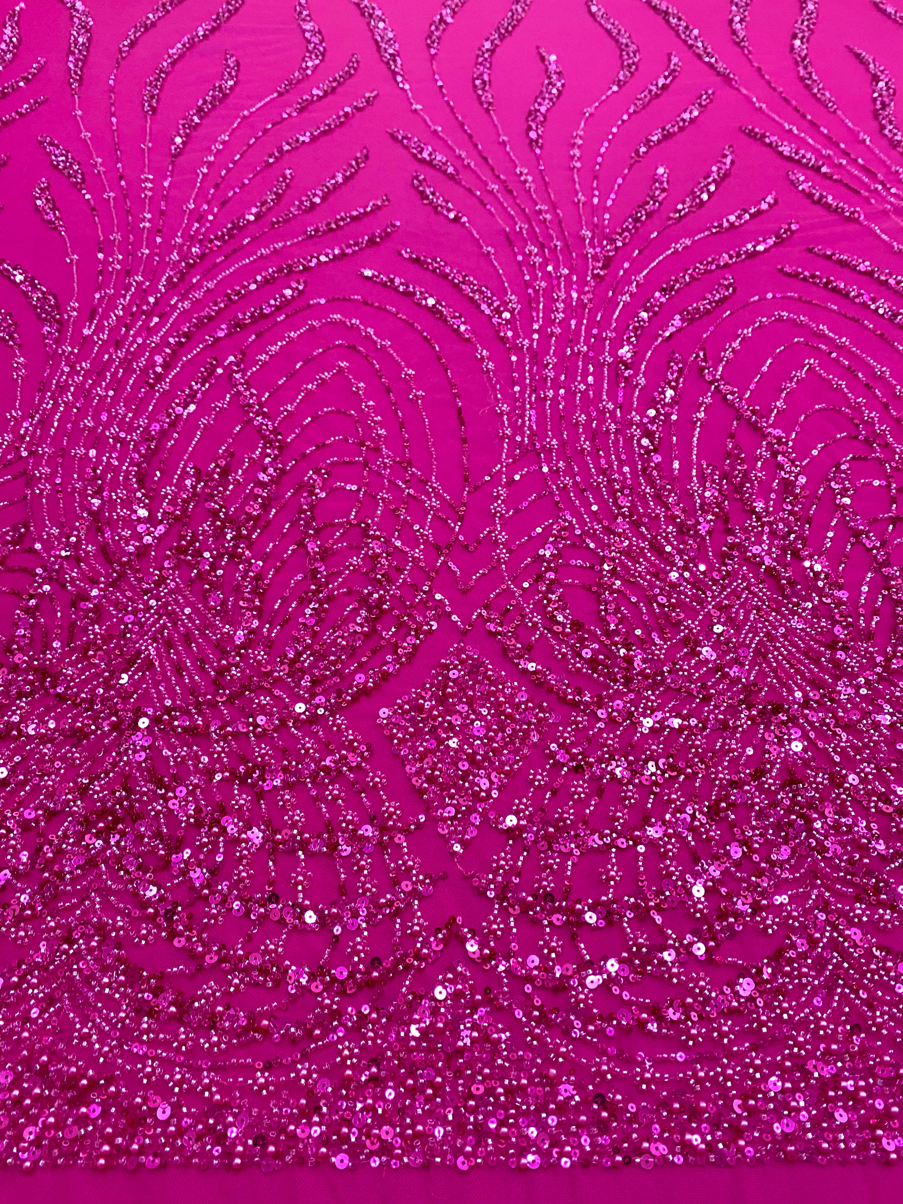 Dantela Couture Fucsia cu Panou, cu Perle, Margele si Paiete