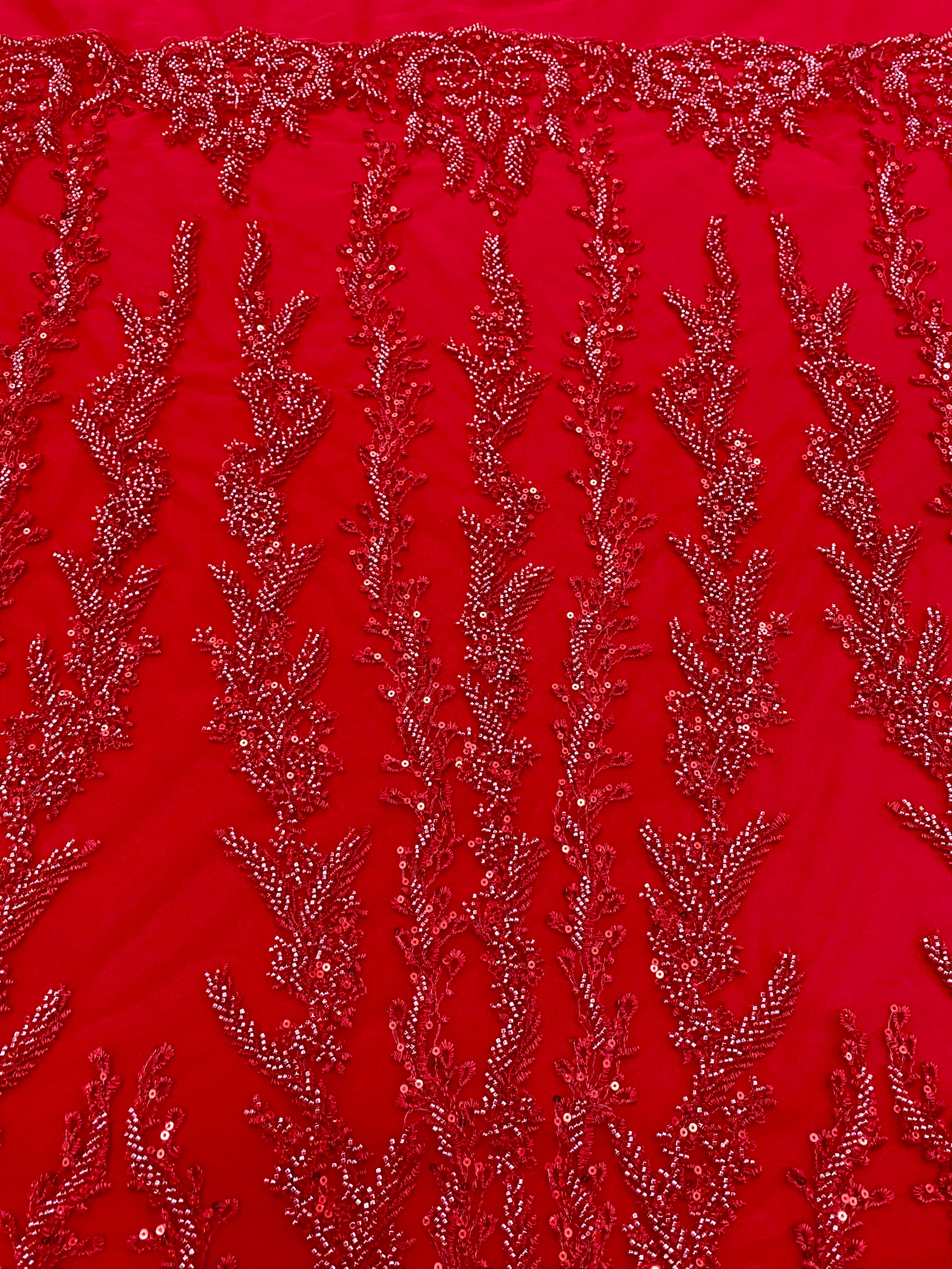 Red Couture Lace with Geometric Pattern, Beads and Sequins