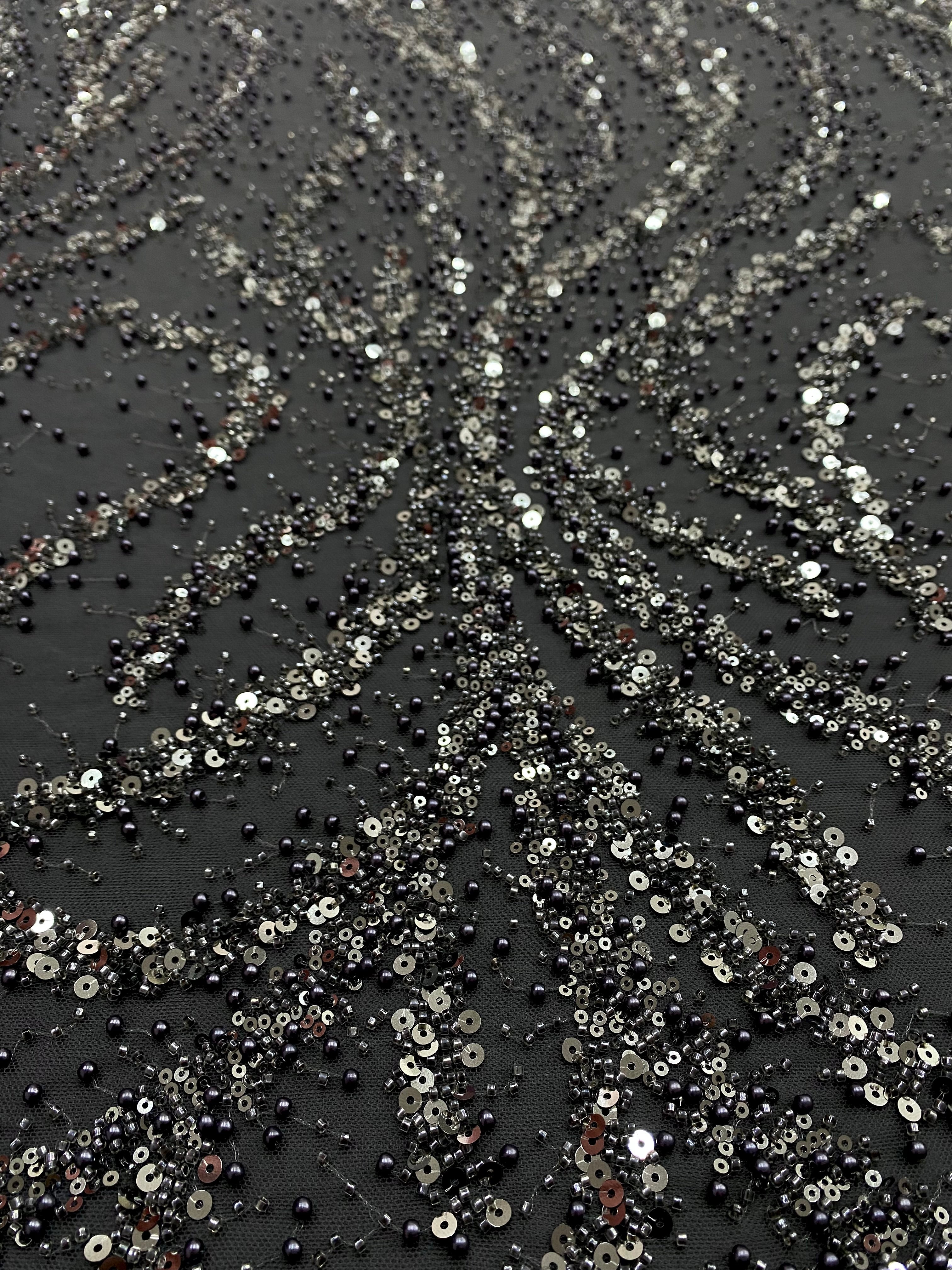 Silver Lace with Linear Pattern, with Pearls and Sequins