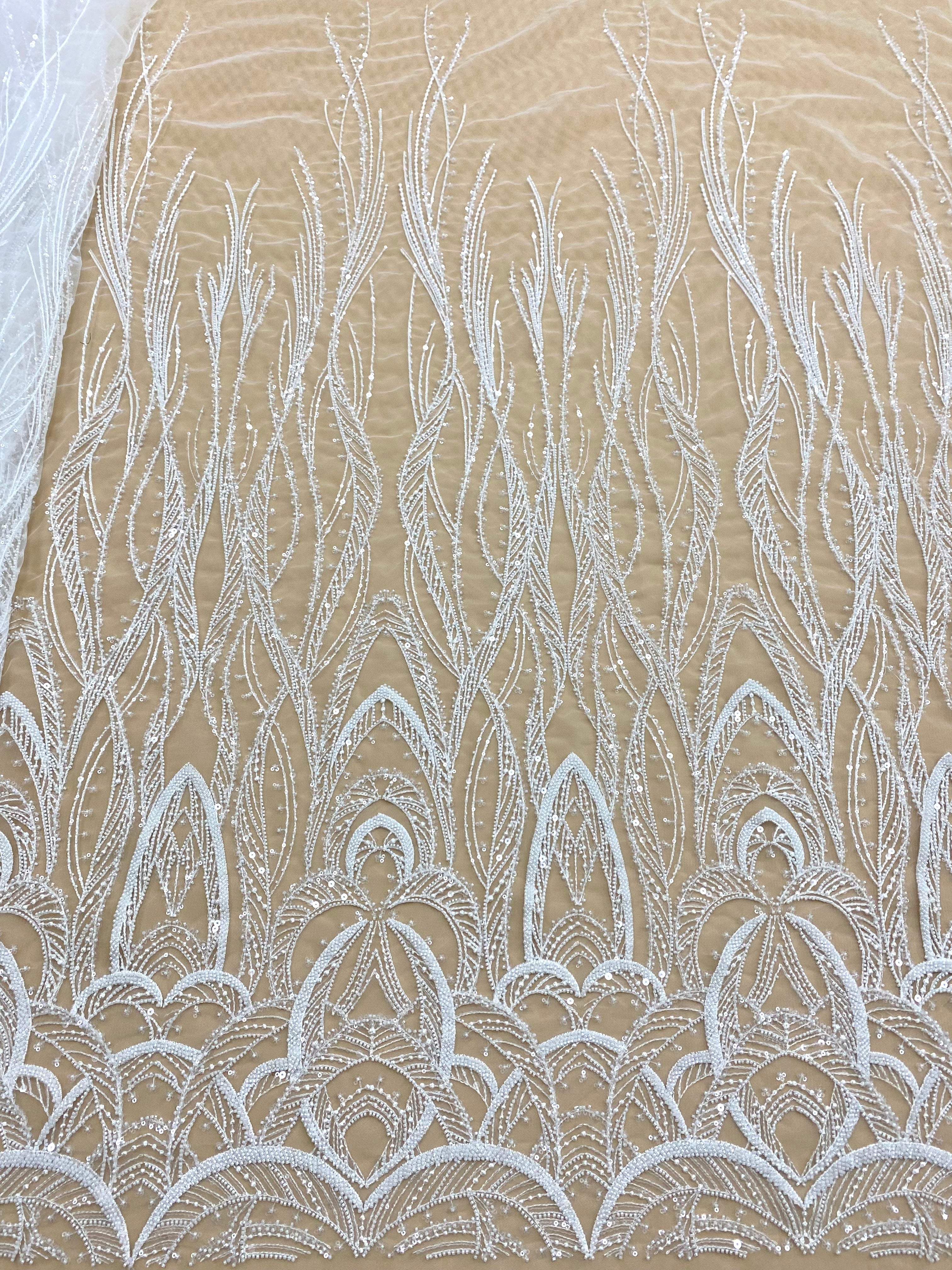 Cupon 1.94 m din Dantela Couture Ivory cu Model Geometric, cu Margele si Paiete