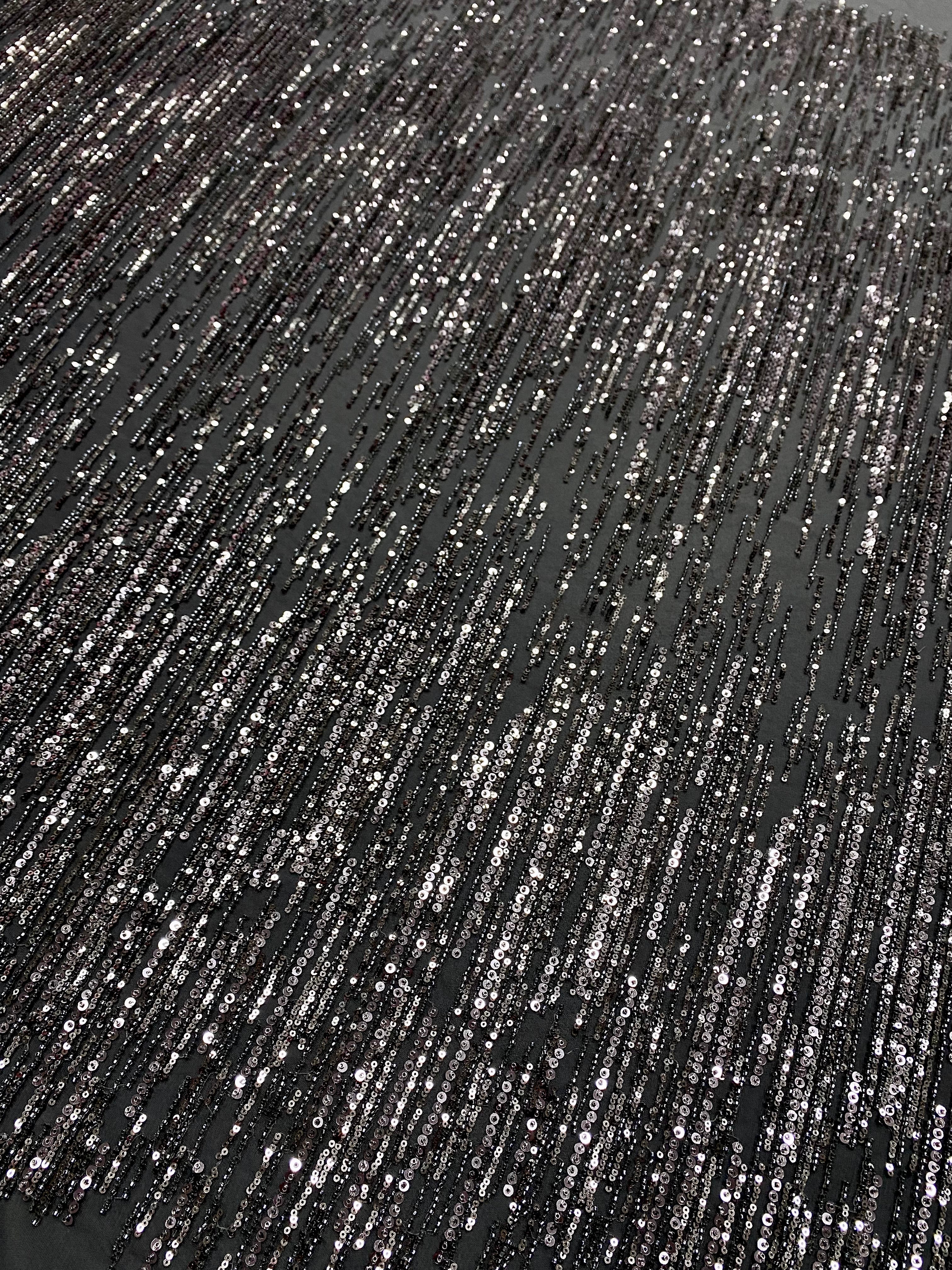 Black Lace with Linear Pattern, with Pearls and Sequins