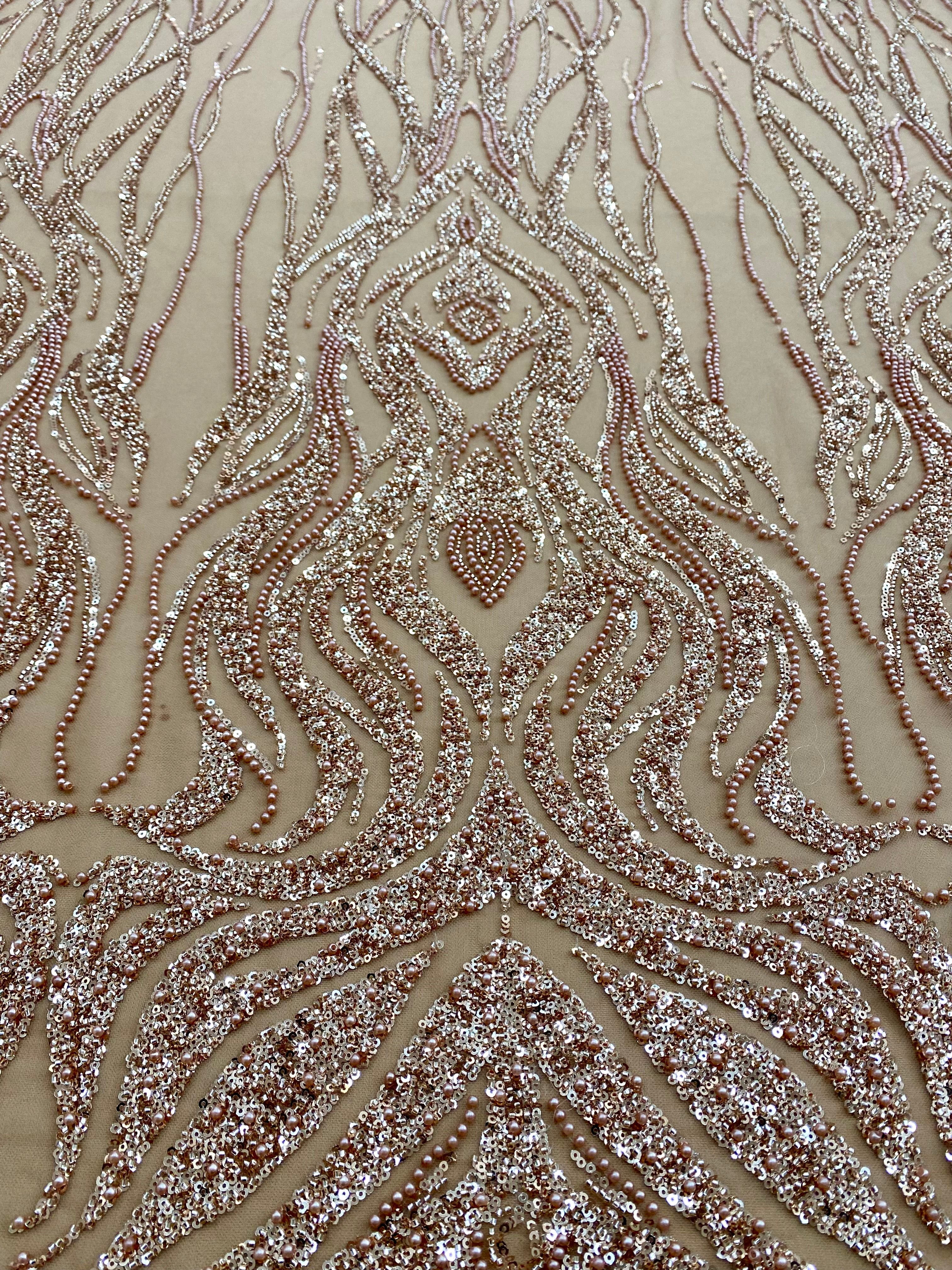 Rose Gold Couture Lace with Geometric Pattern, with Pearls, Beads and Sequins 