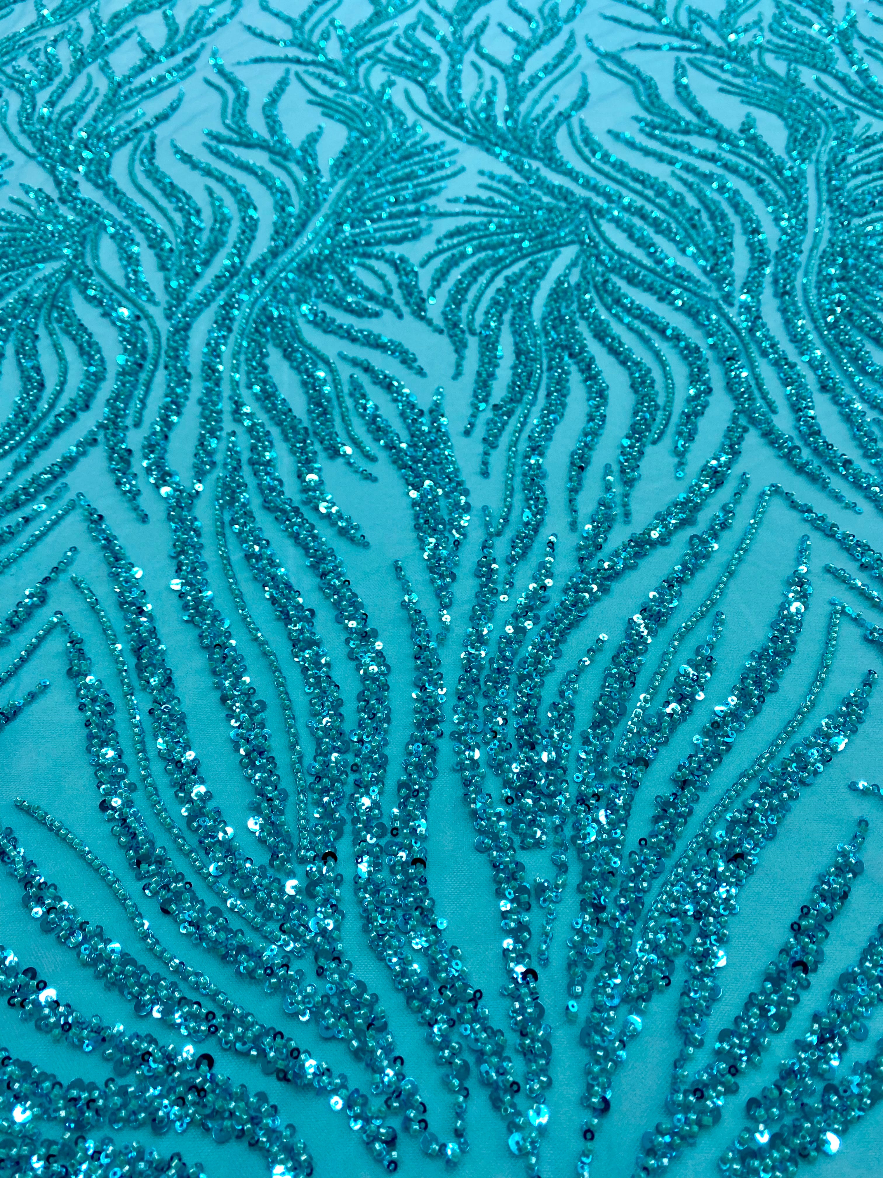 Turquoise Lace with Linear Pattern, with Beads and Sequins