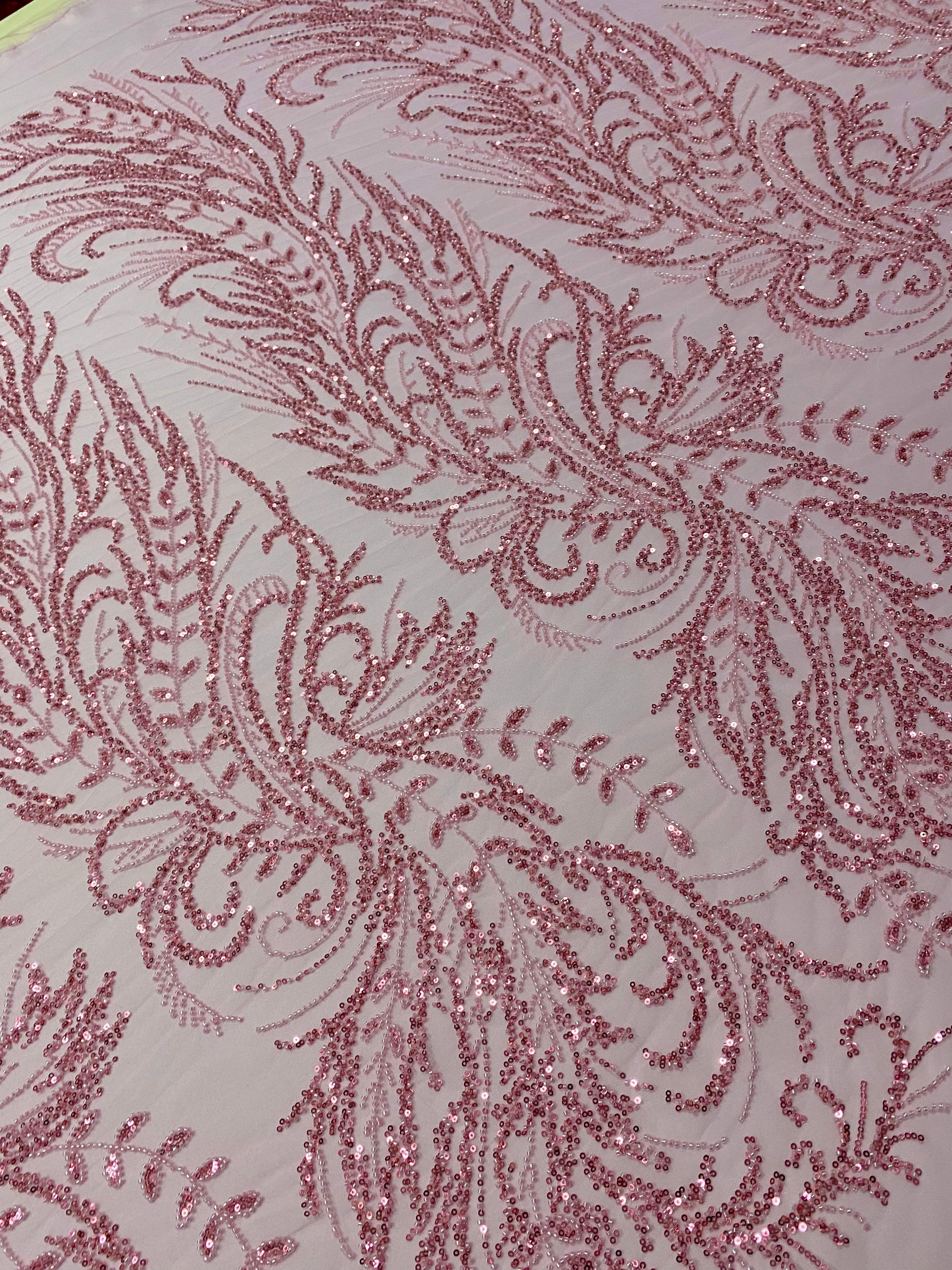 Pink Couture Lace with Floral Pattern, with Beads and Sequins