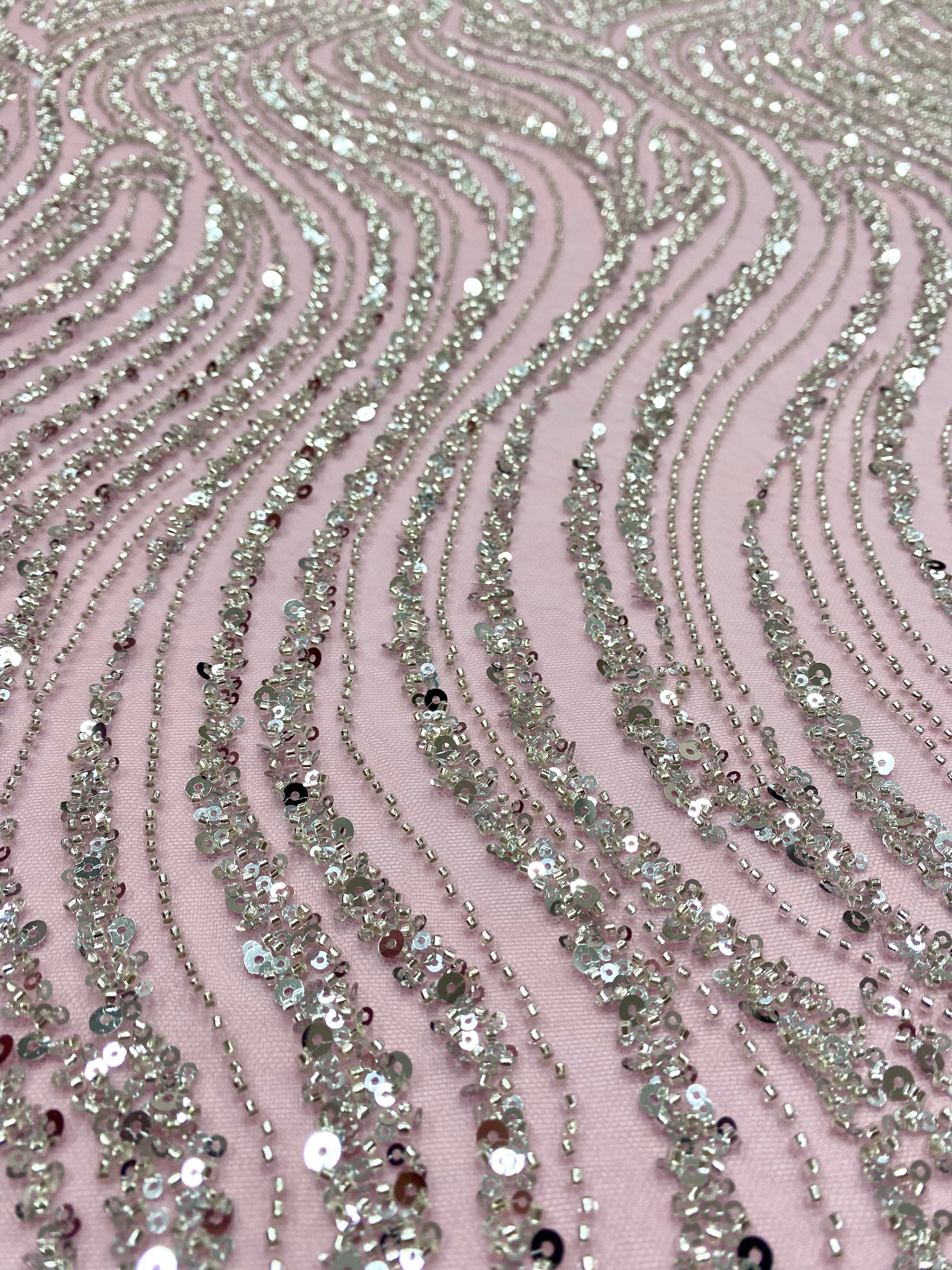Silver Lace with Linear Pattern, with Pearls and Sequins