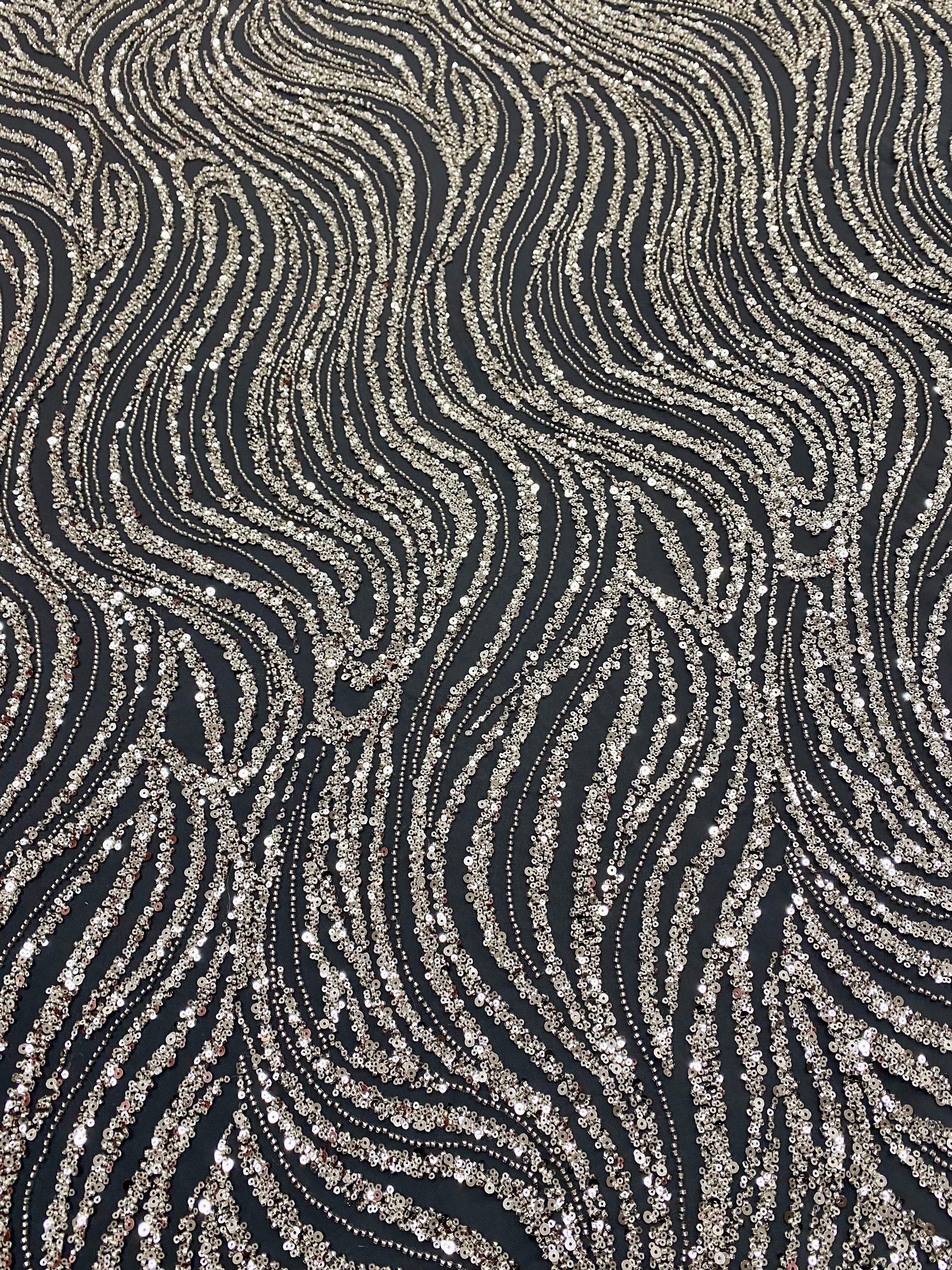 Silver Lace with Linear Pattern, with Pearls and Sequins