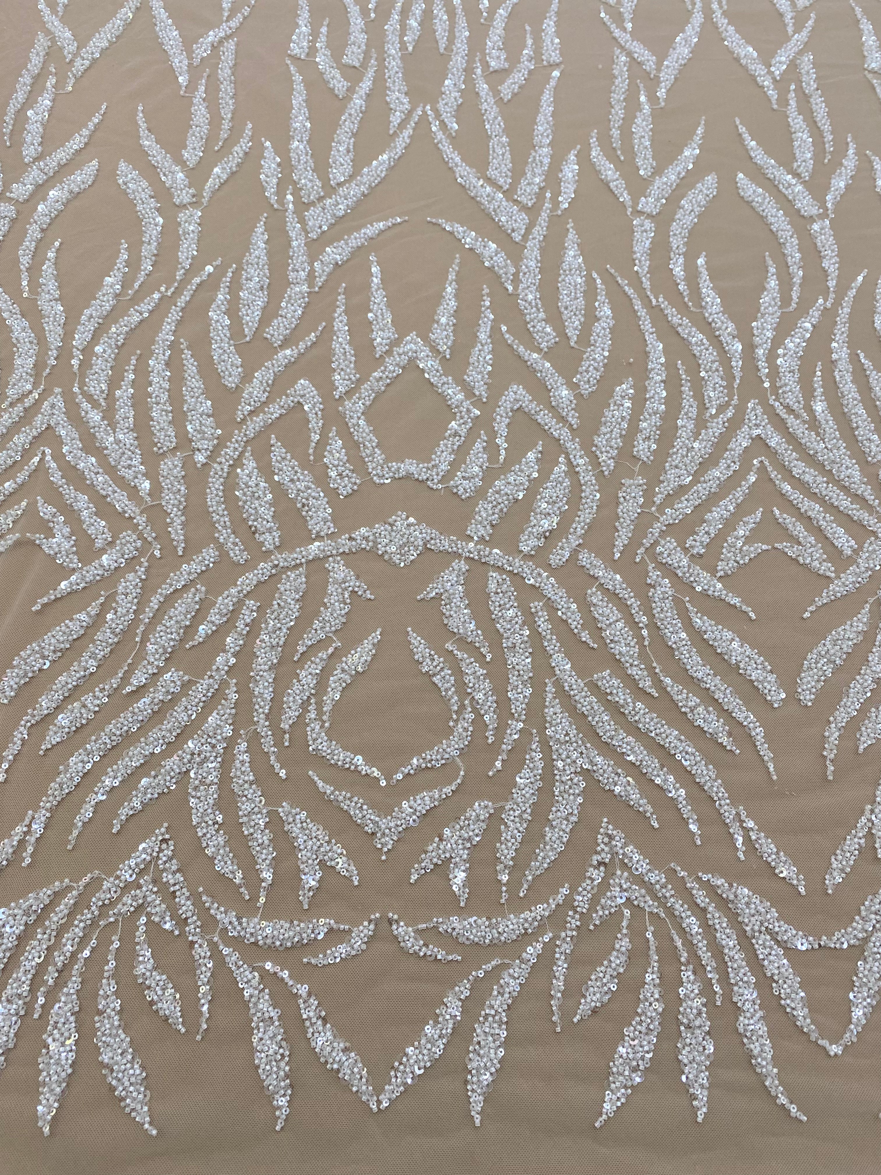 Ivory Couture Lace with Linear Pattern, Beads and Sequins
