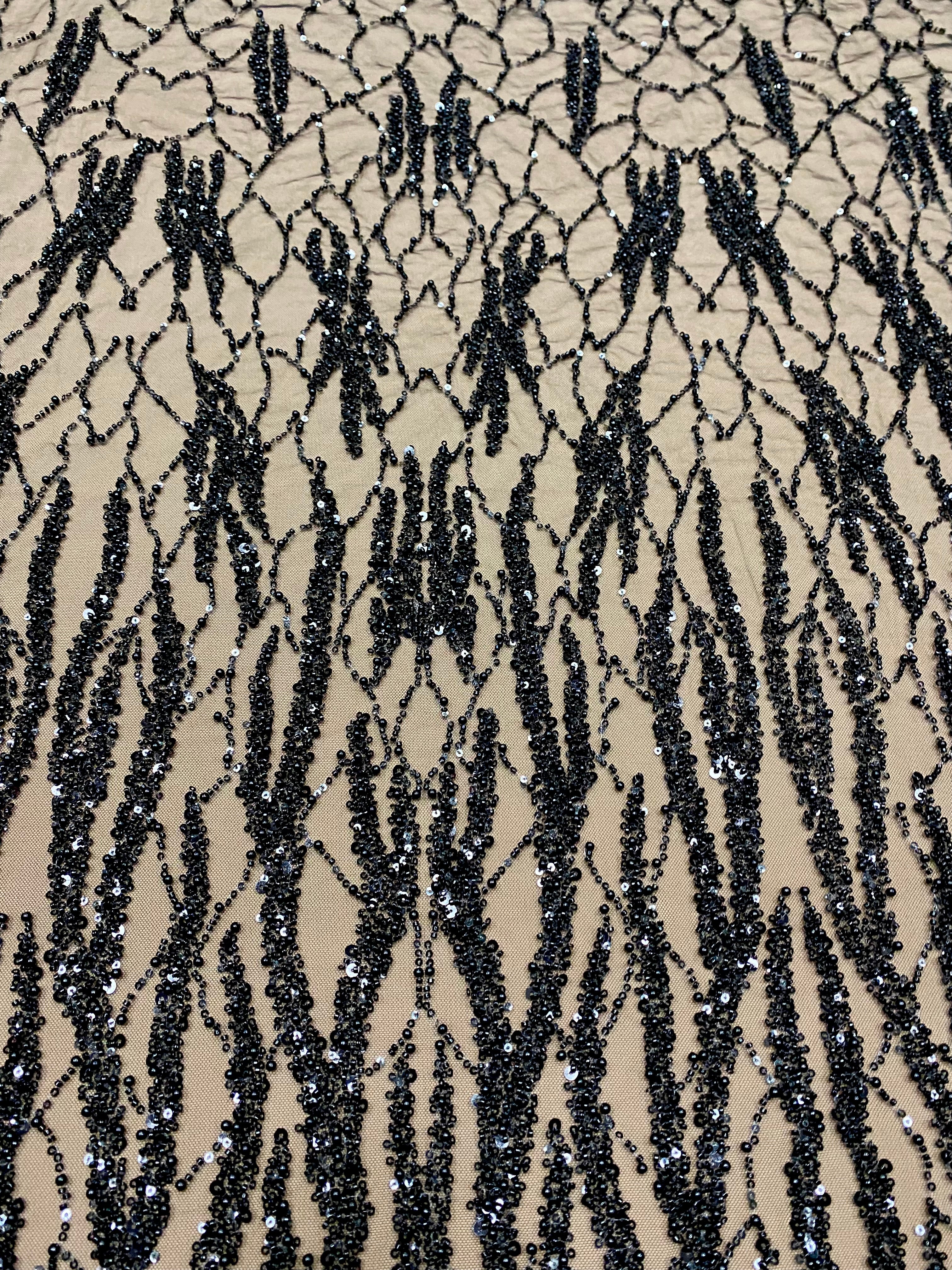 Black Couture Lace with Strings, Pearls, Beads and Sequins