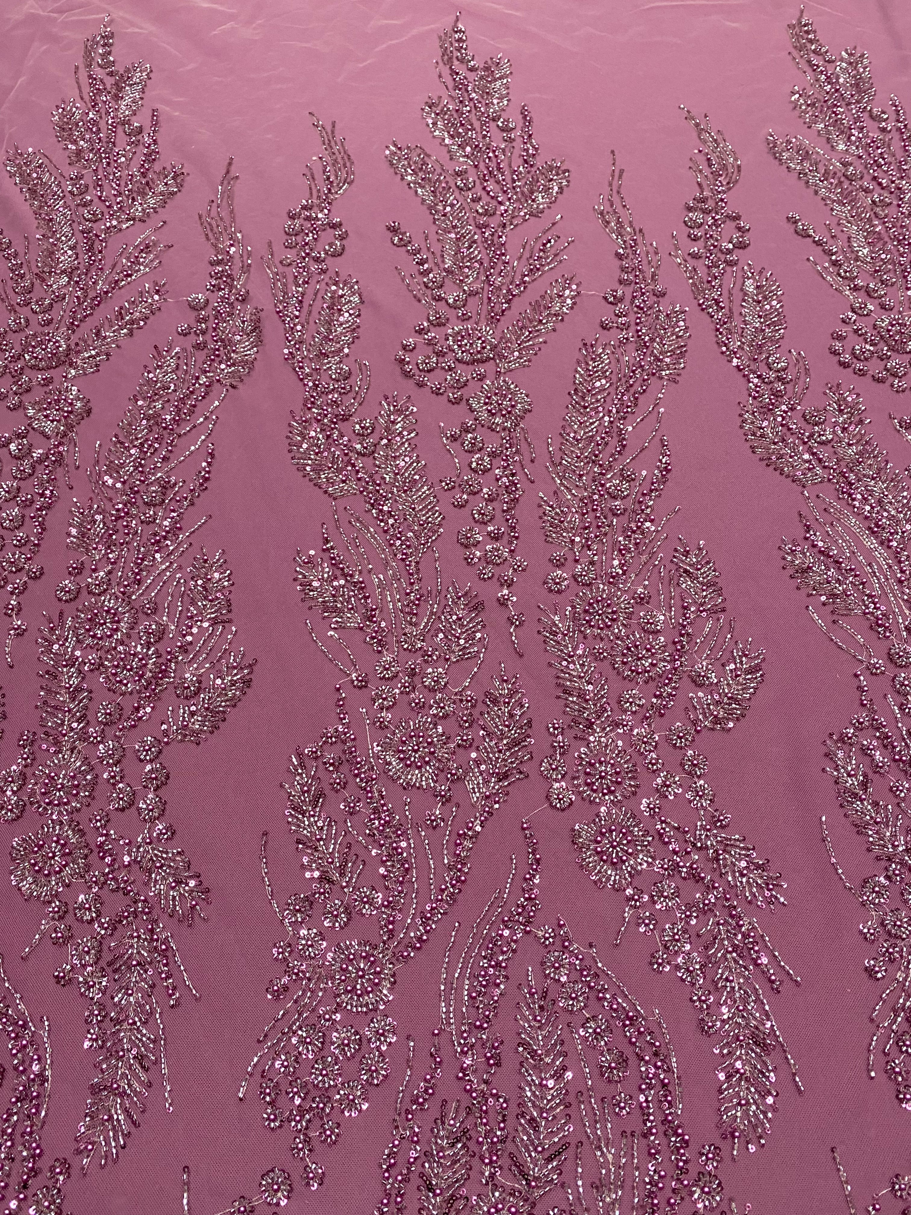Dantela Couture Magenta cu Model Floral, cu Perle, Margele si Paiete