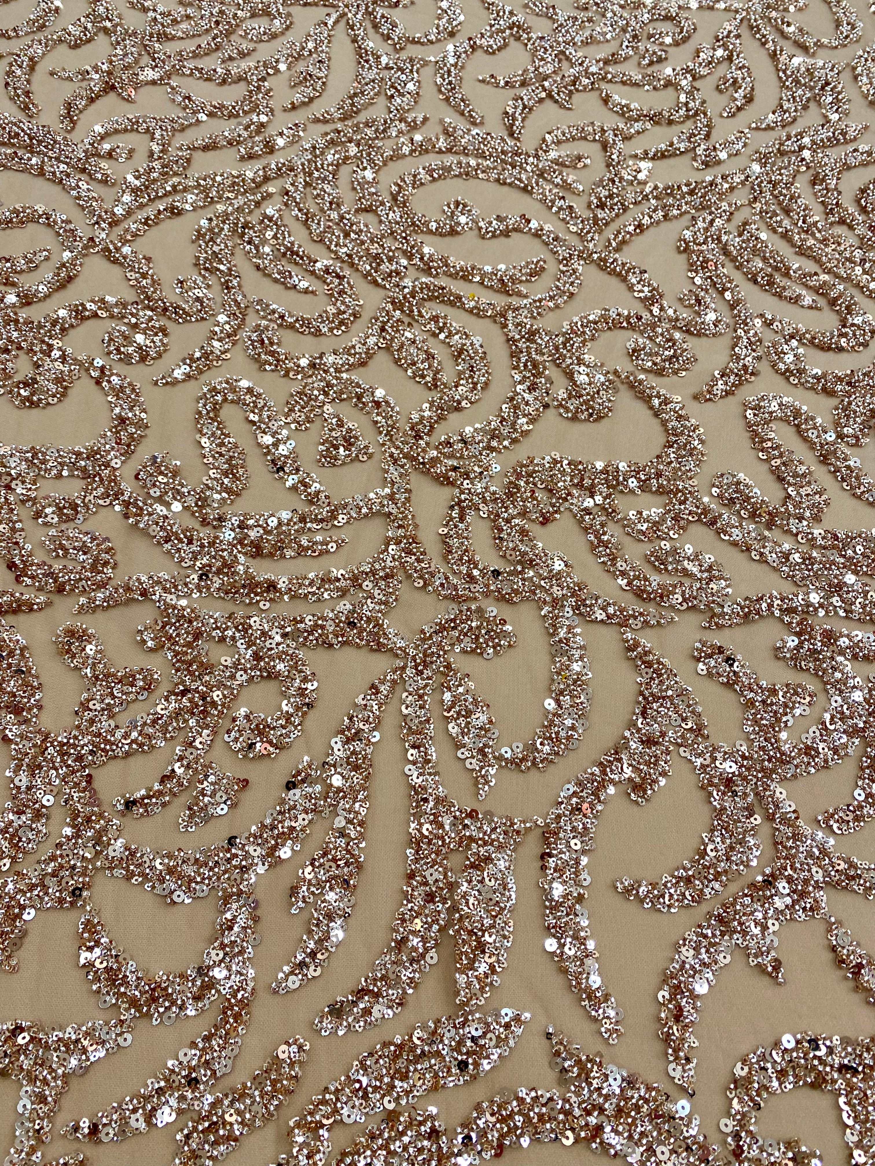 Rose Gold Couture Lace with Geometric Pattern, Beads and Sequins 
