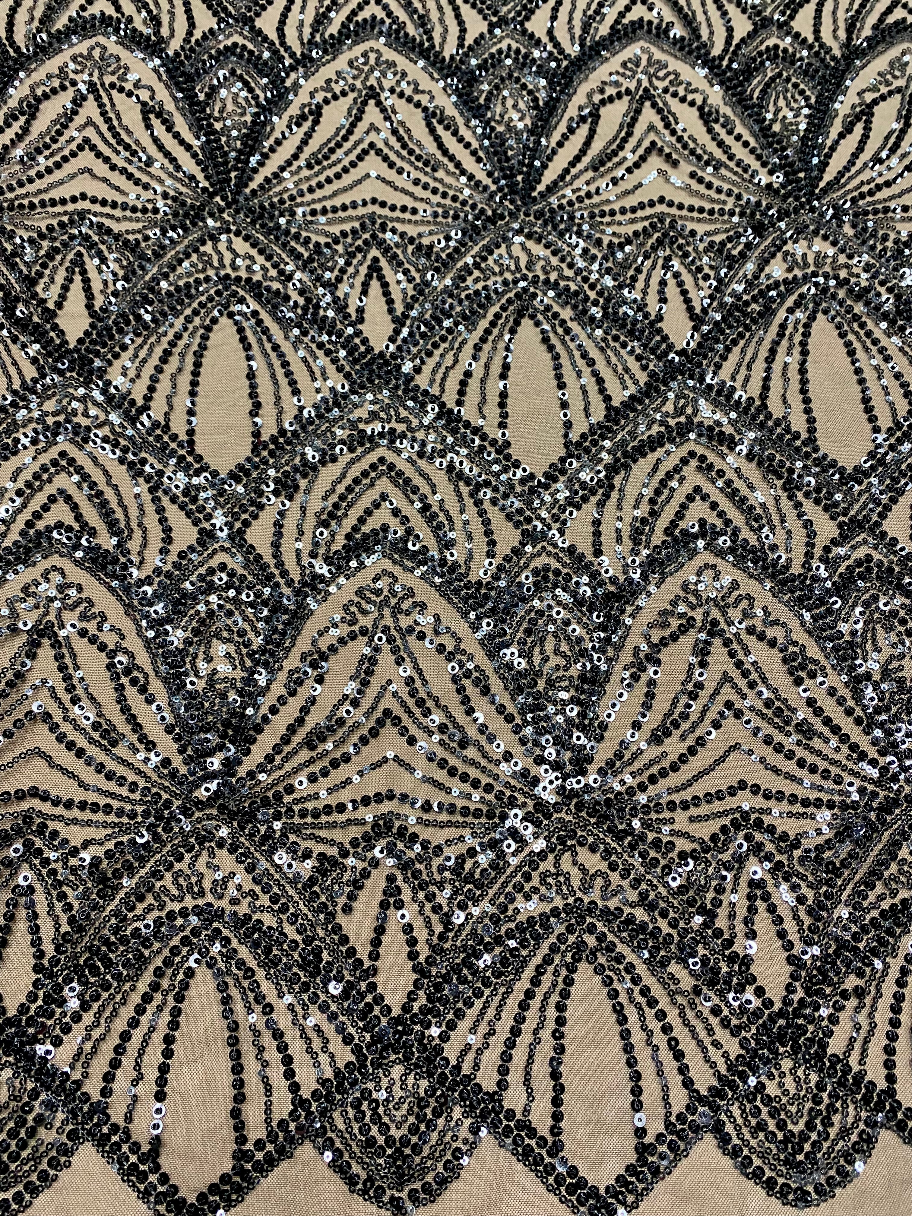 Silver Couture Lace on Blue Tulle, with Symmetrical Pattern, with Beads and Sequins 