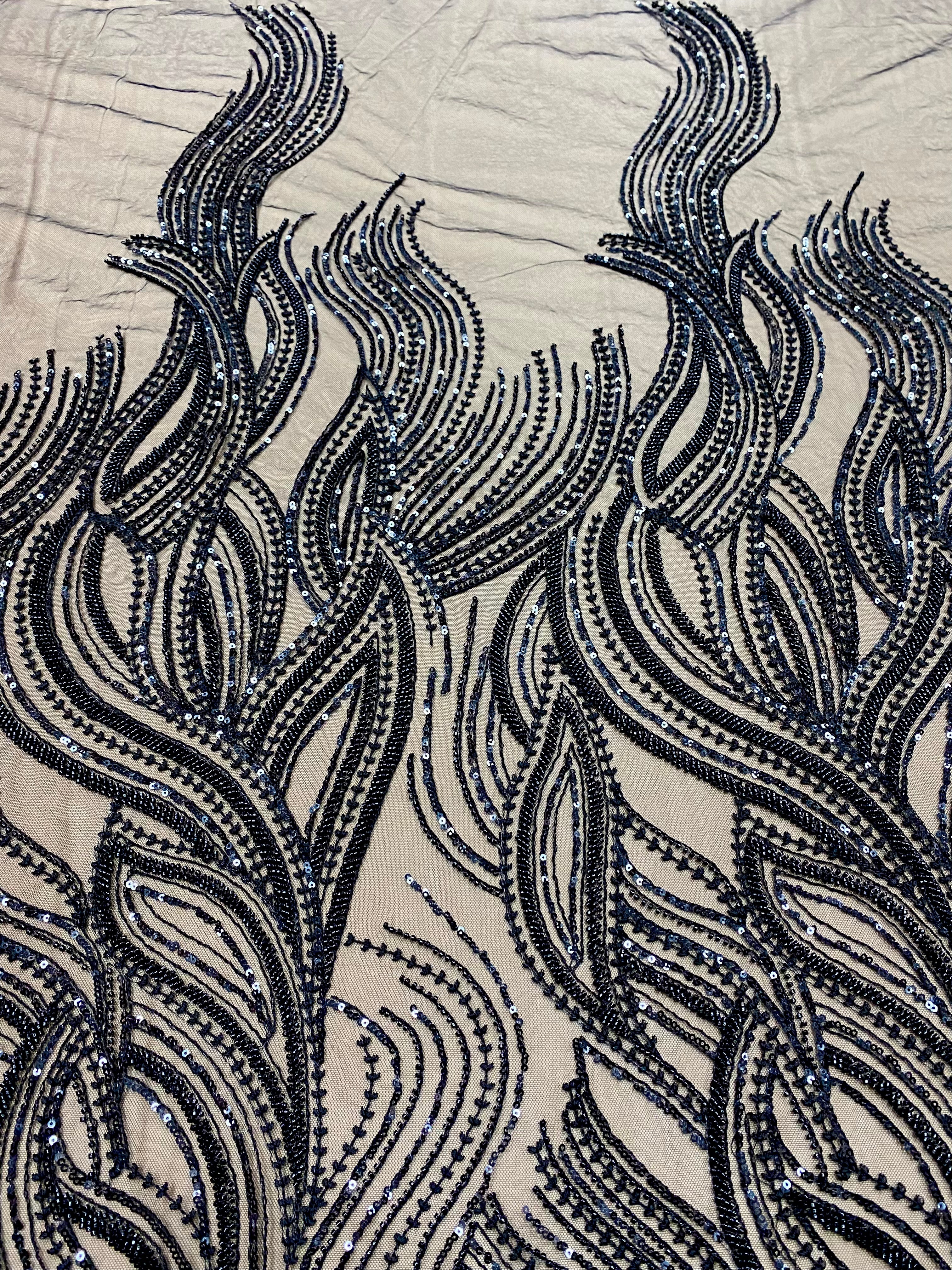 Ivory Lace with Linear Pattern, with Pearls and Sequins