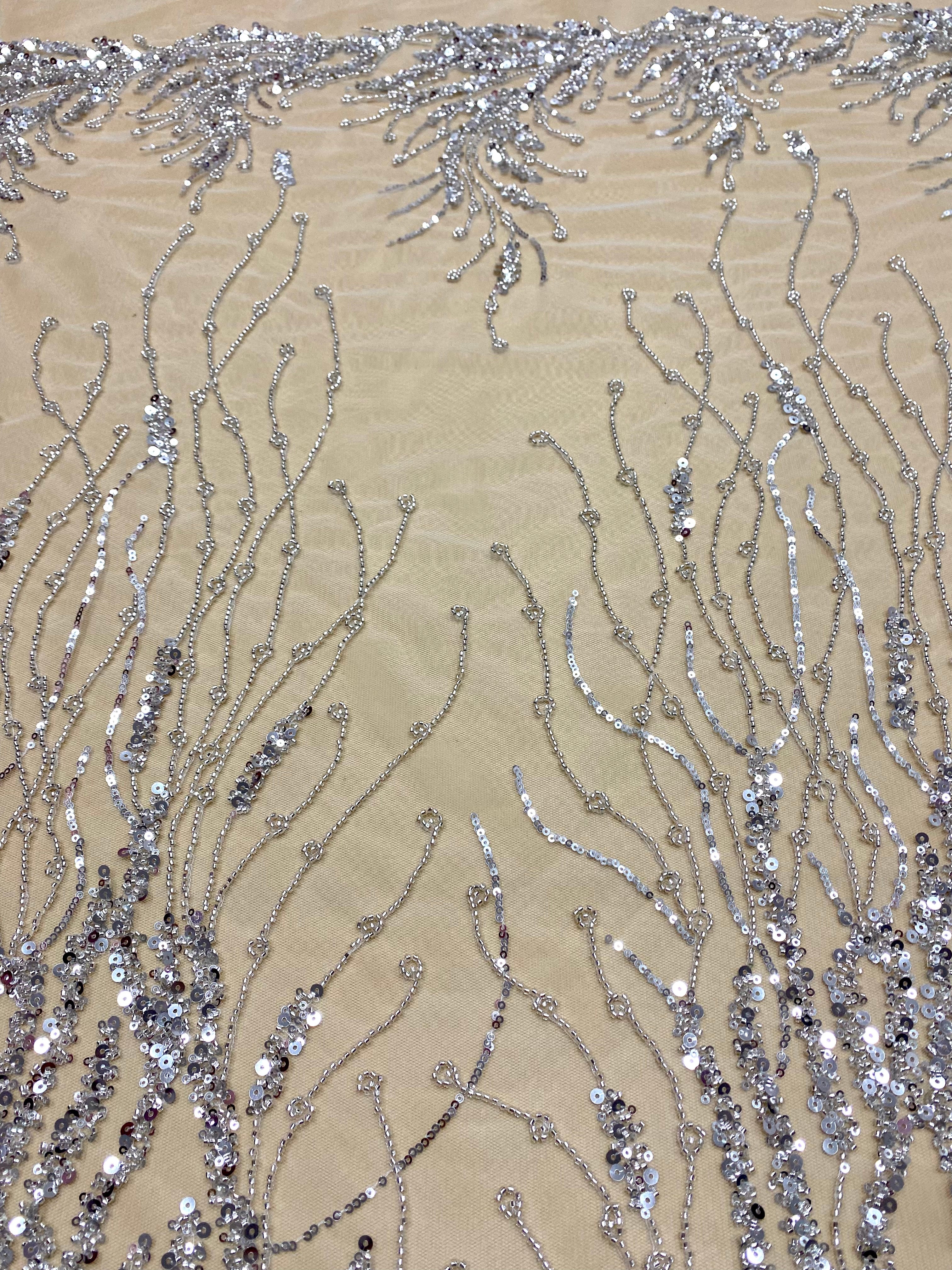 Dantela Couture Argintie cu Siraguri, cu Margele si Paiete