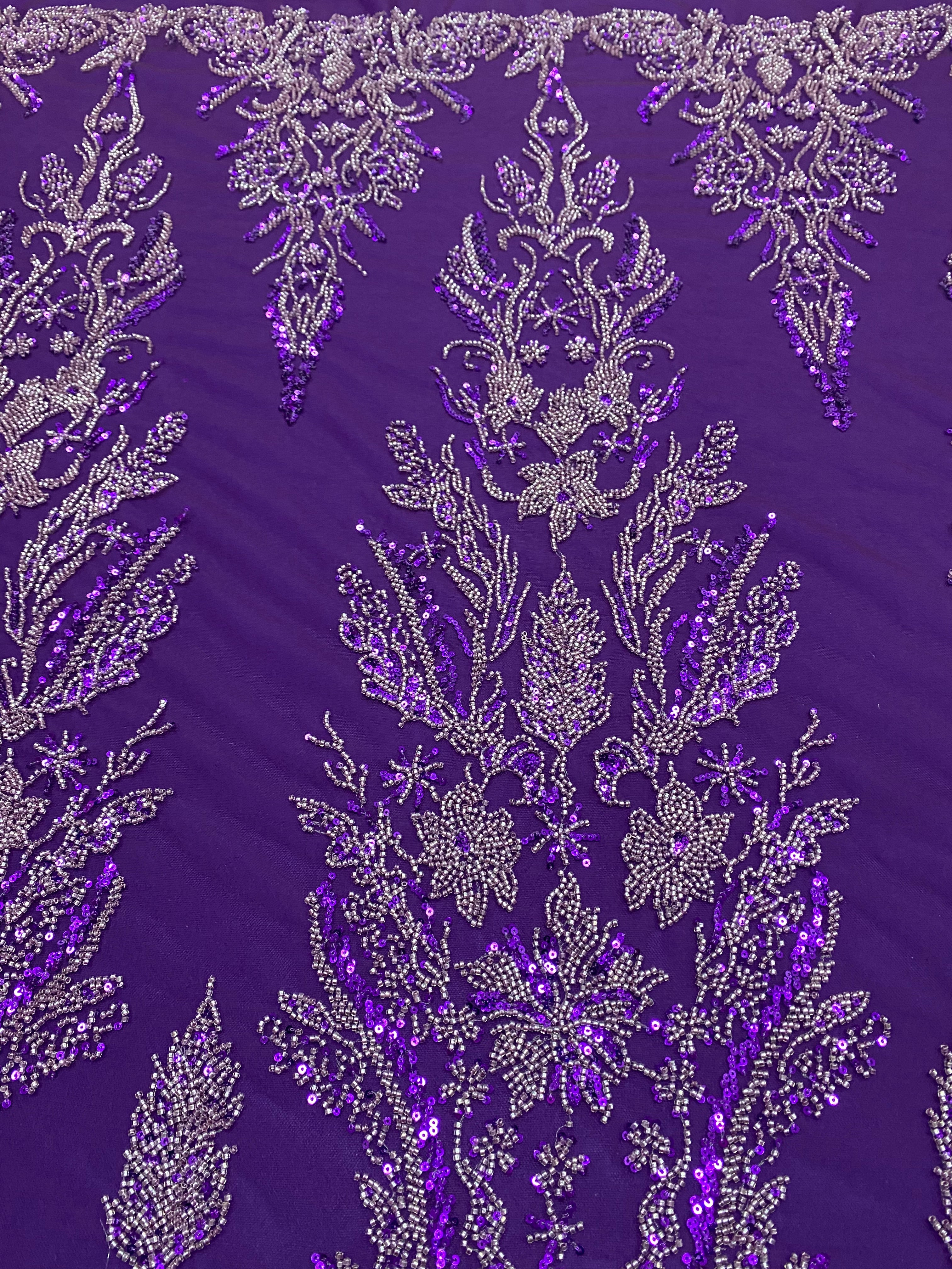 Dantela Couture Mov Inchis cu Model Floral, cu Margele si Paiete