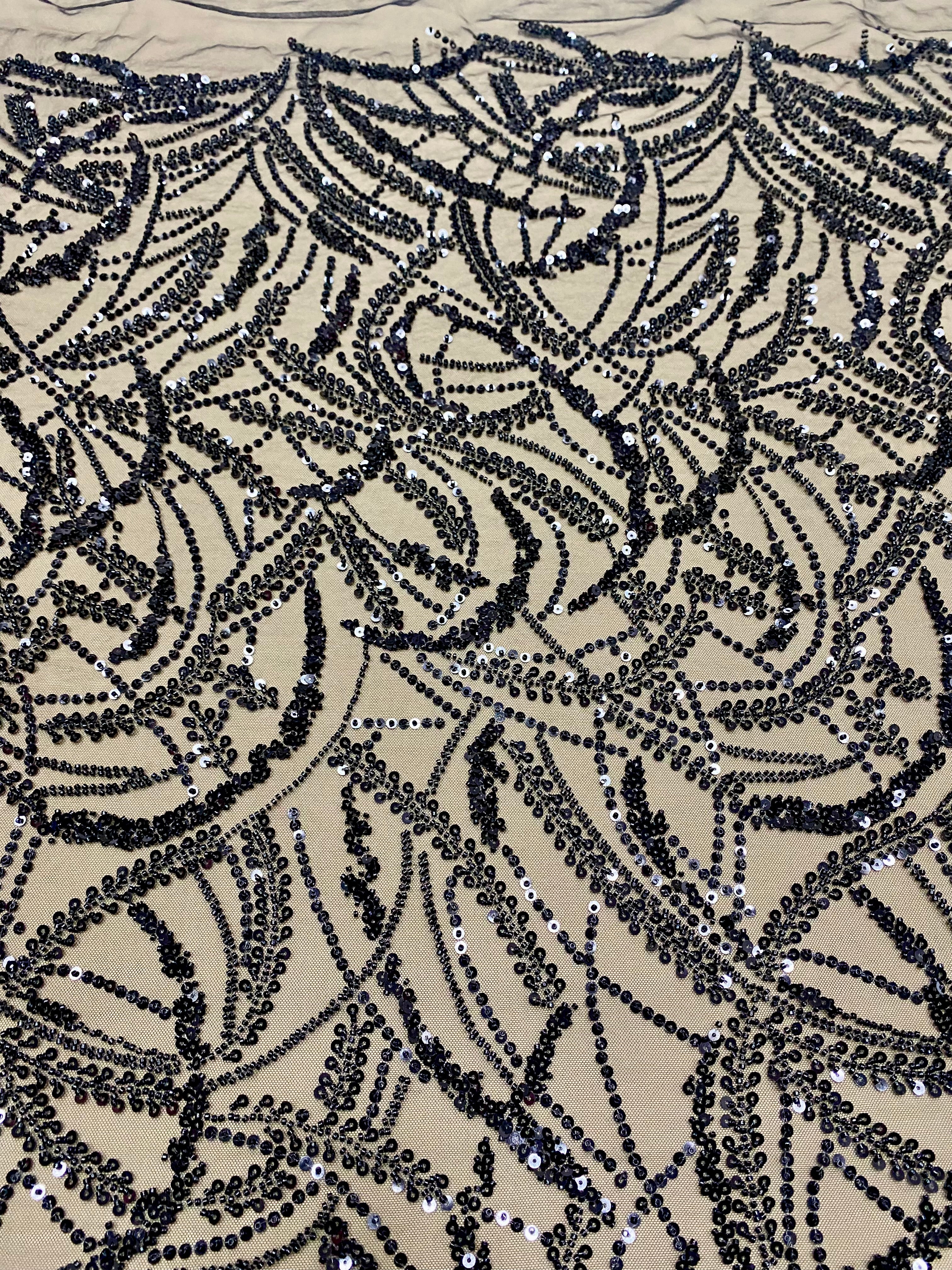 Black Couture Lace with Geometric Pattern, Beads and Sequins