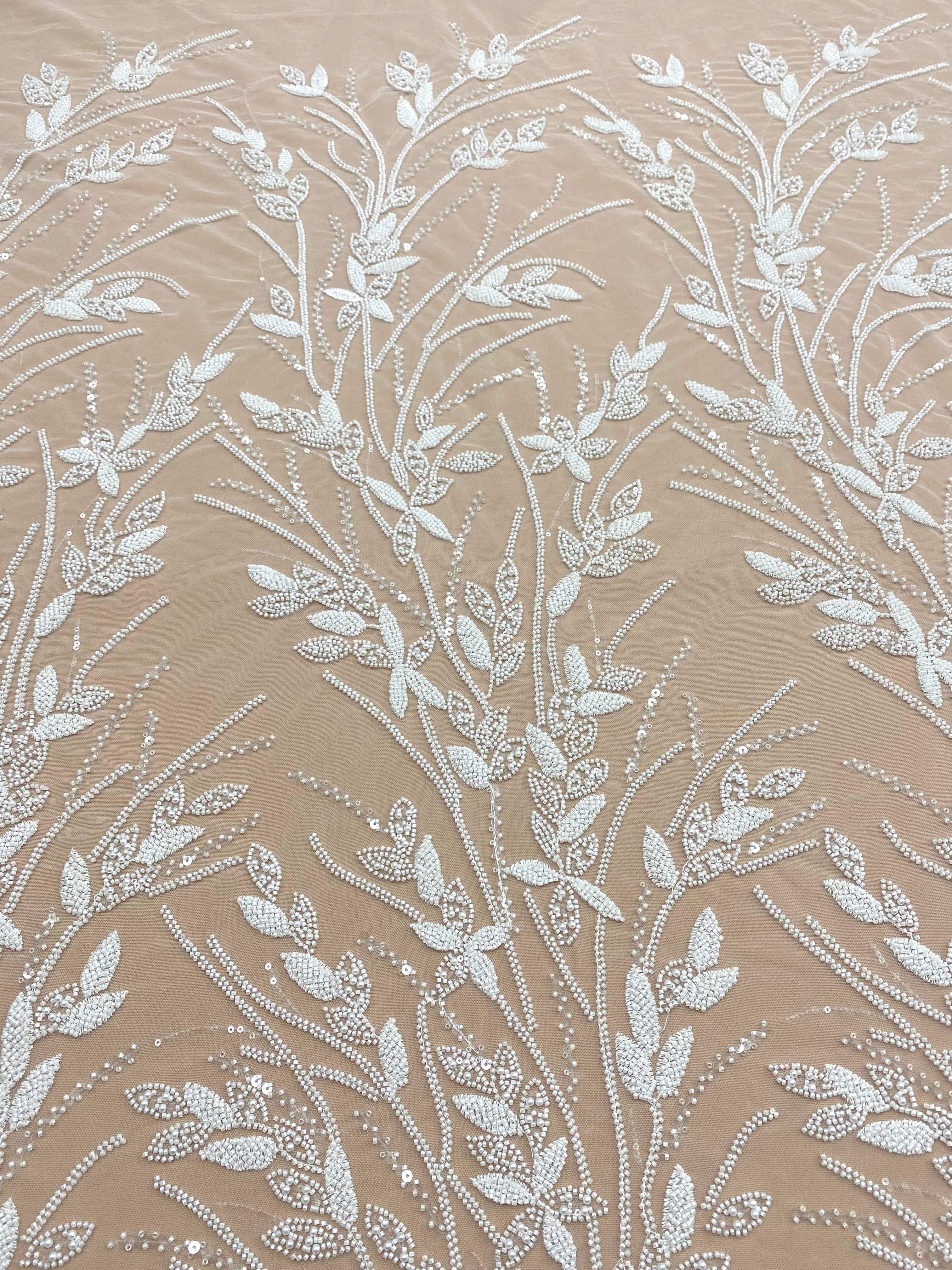 Ivory Couture Lace with Floral Pattern, Pearls, Beads and Sequins