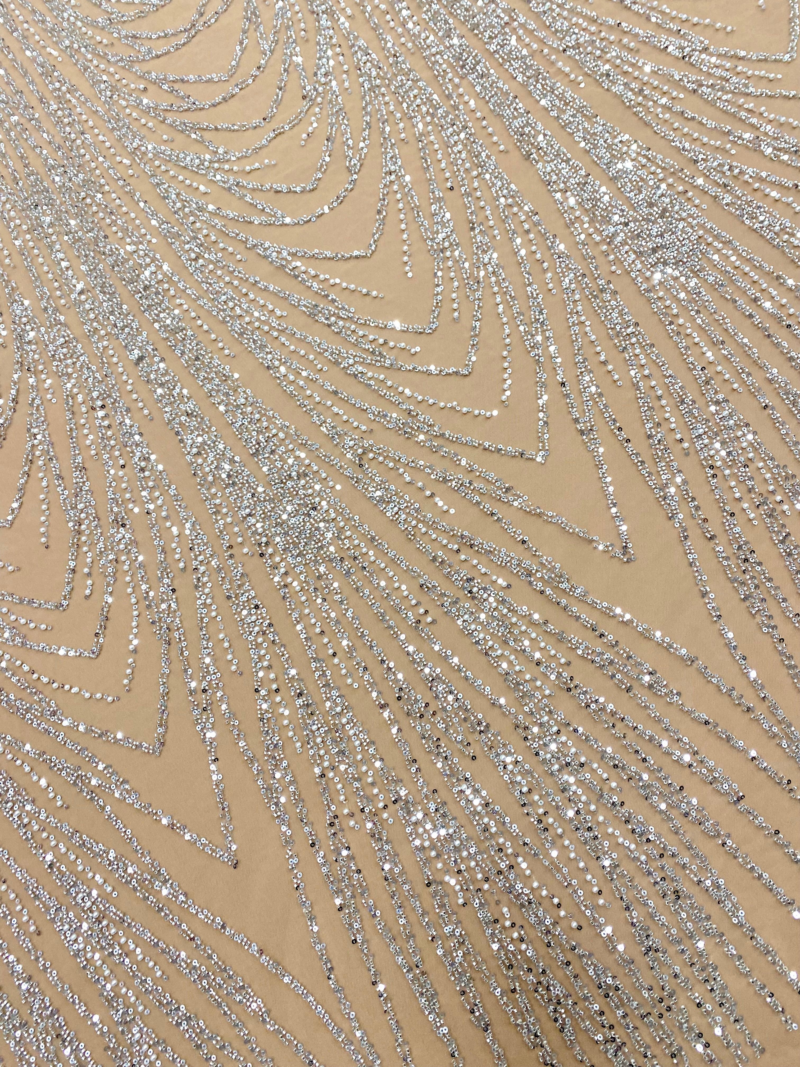 Silver Couture Lace on Nude Tulle with Linear Pattern, with Beads and Sequins