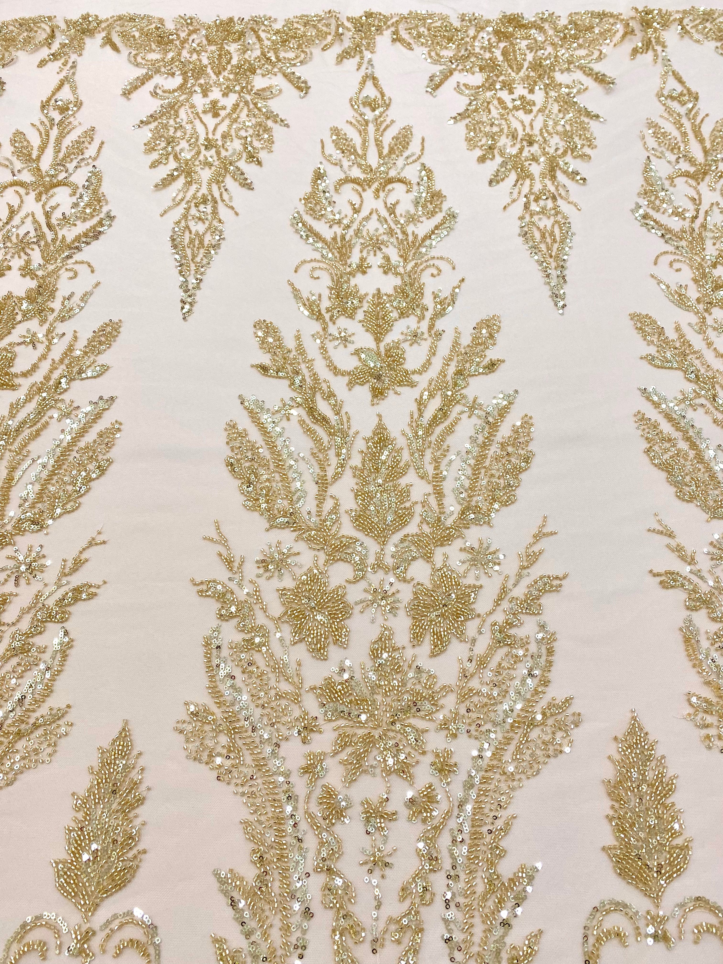 Gold Couture Lace with Floral Pattern, with Pearls, Beads and Sequins