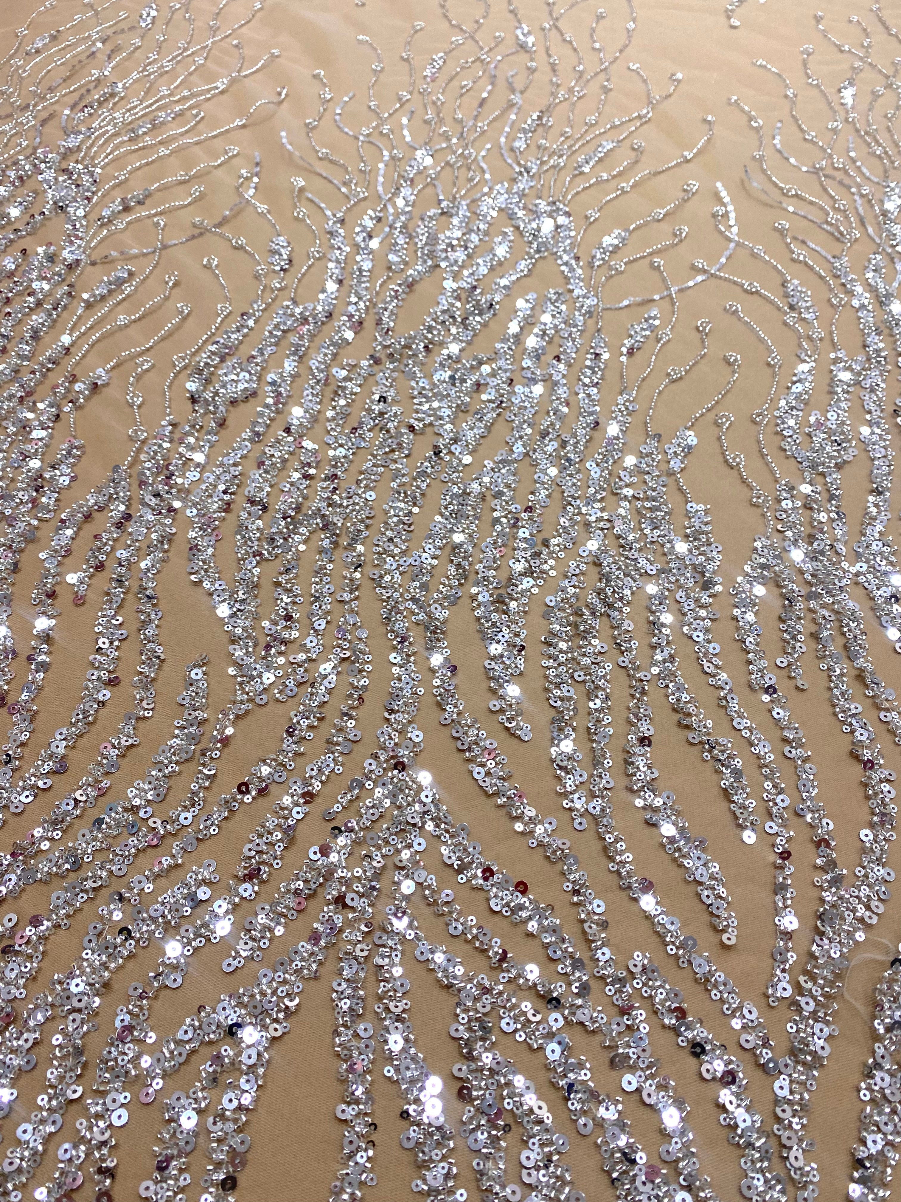 Silver Lace with Linear Pattern, with Pearls and Sequins