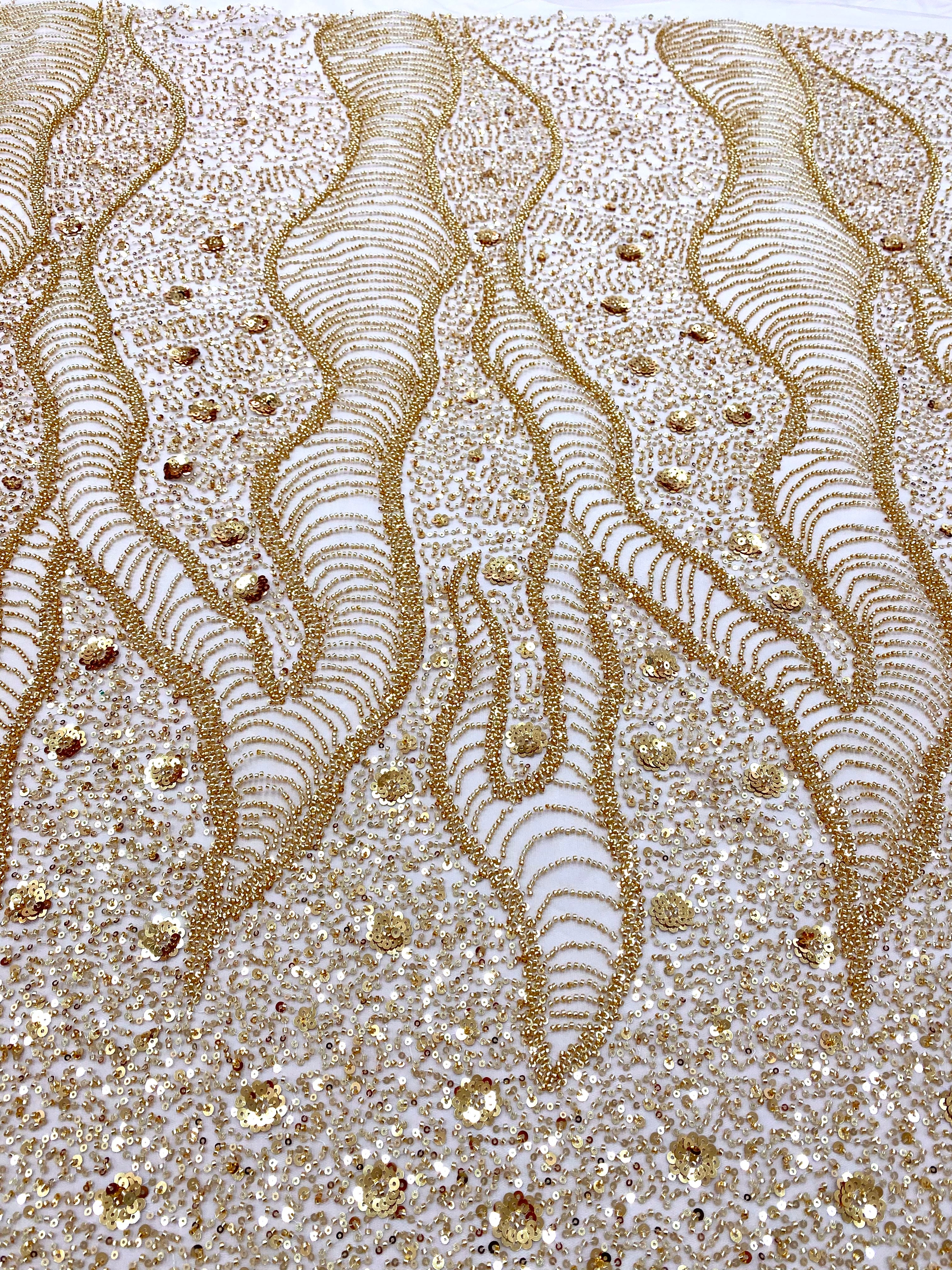 Gold Couture Lace with Geometric and Floral Pattern, with Beads and Sequins