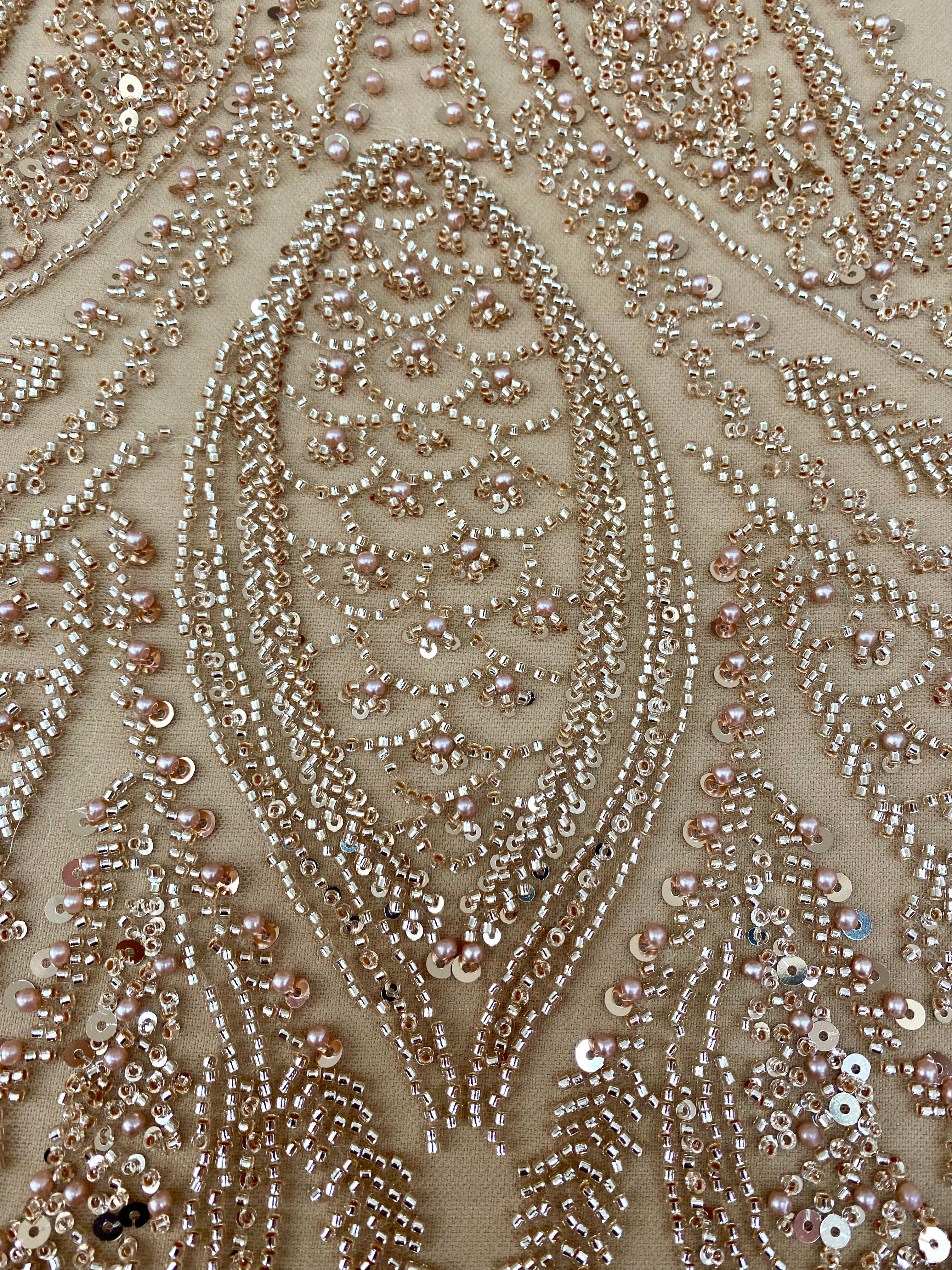 Rose Gold Couture Lace with Panel, Pearls, Beads and Sequins