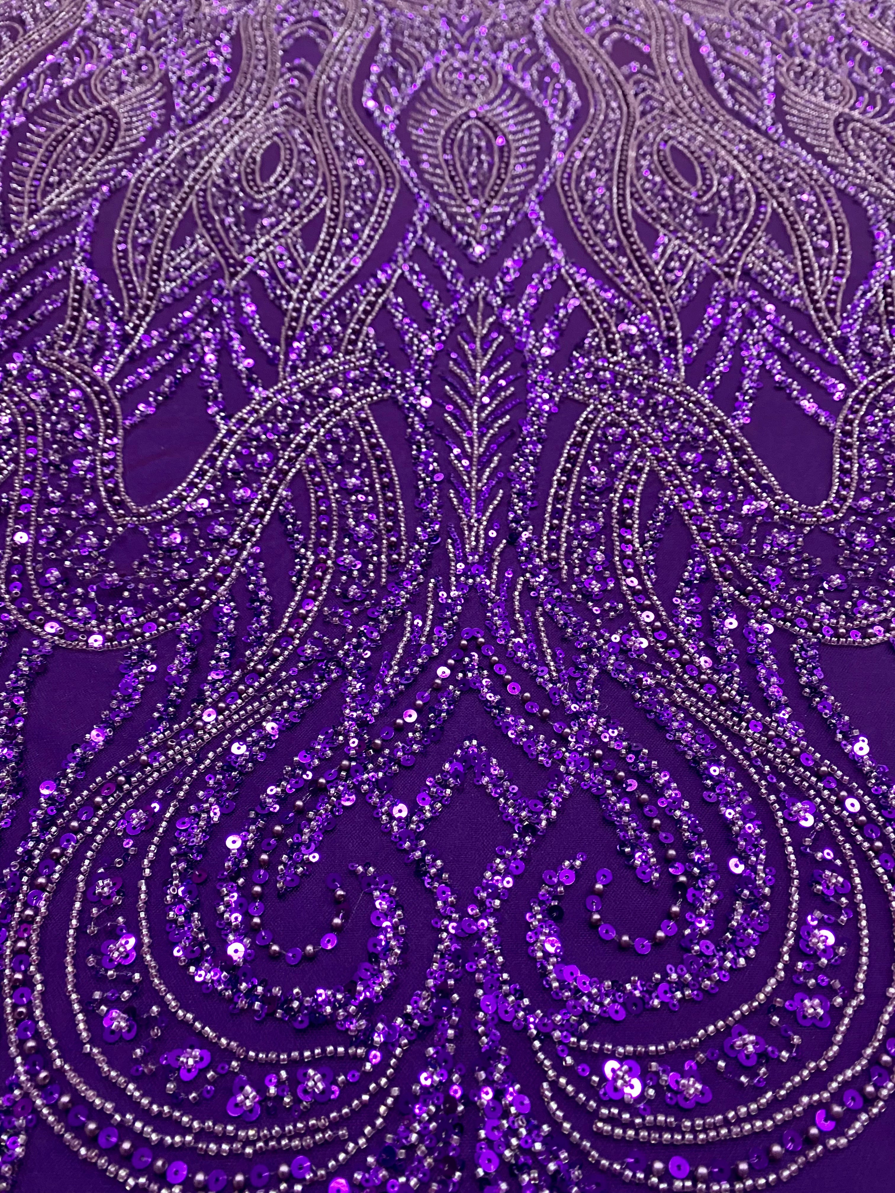 Dantela Couture Mov Inchis cu Model Geometric, Perle, Margele si Paiete