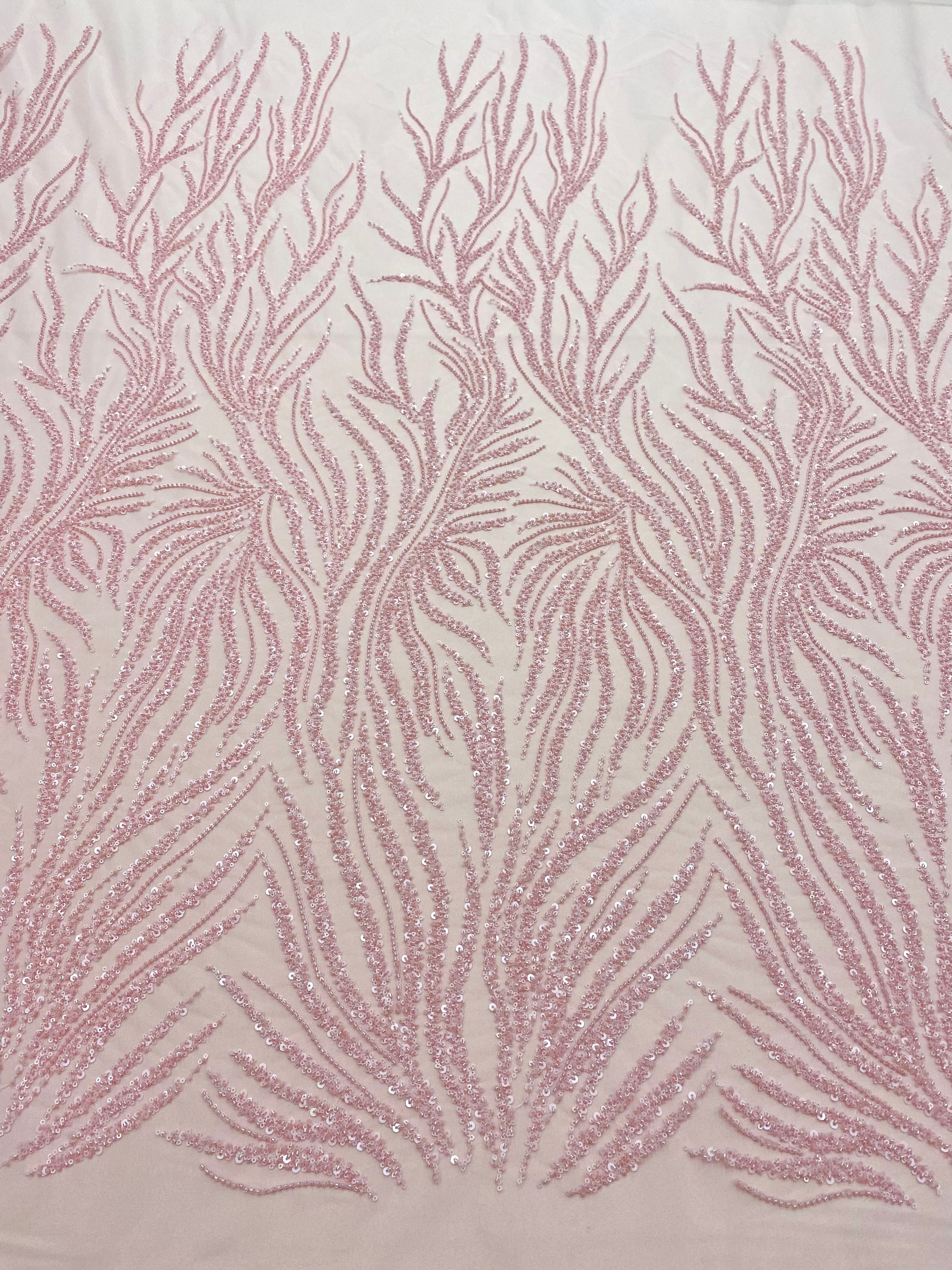 Salmon Pink Couture Lace with Strings, Beads and Sequins