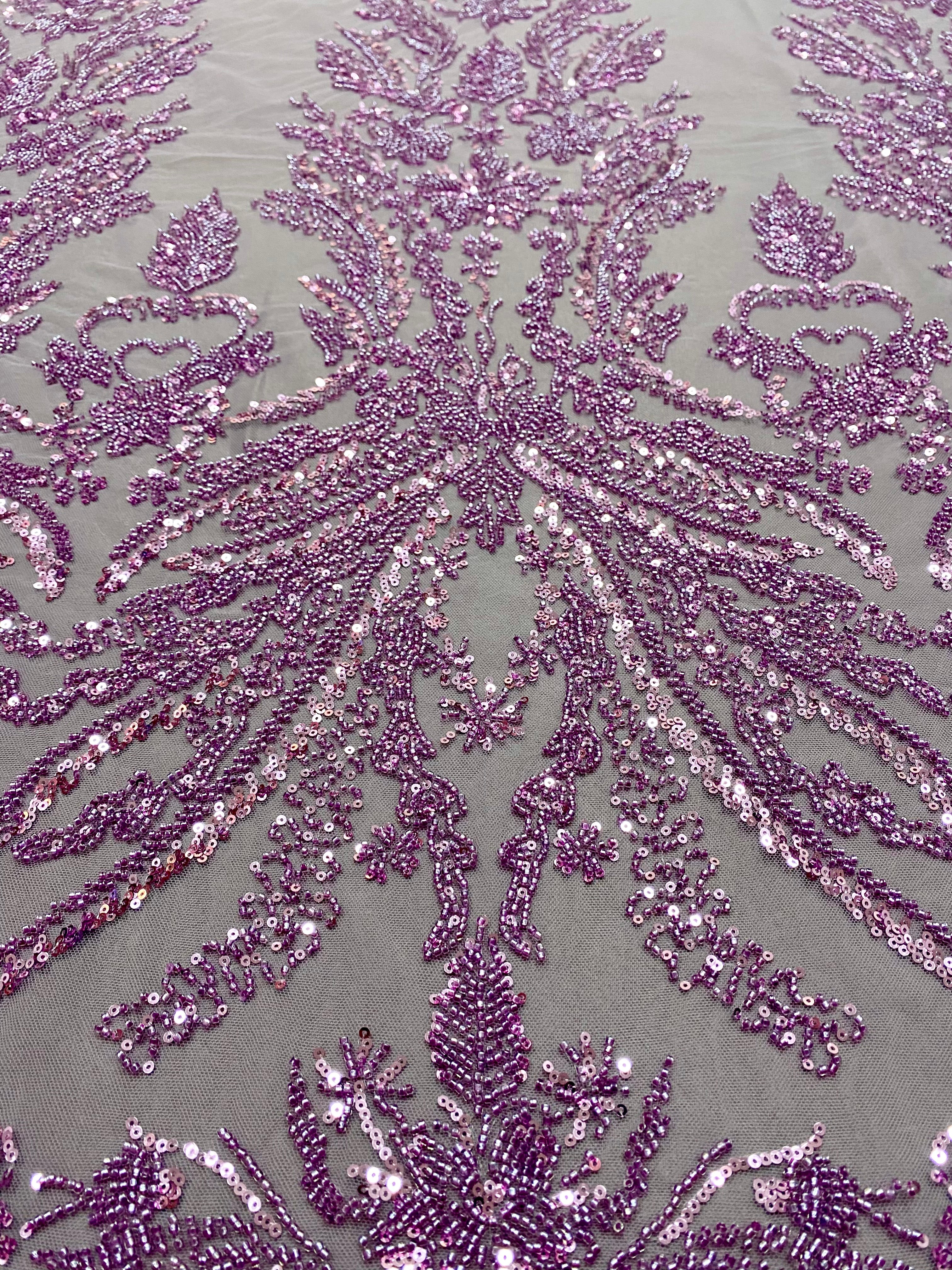 Dantela Couture Lavanda Pudrata cu Model Floral, cu Margele si Paiete