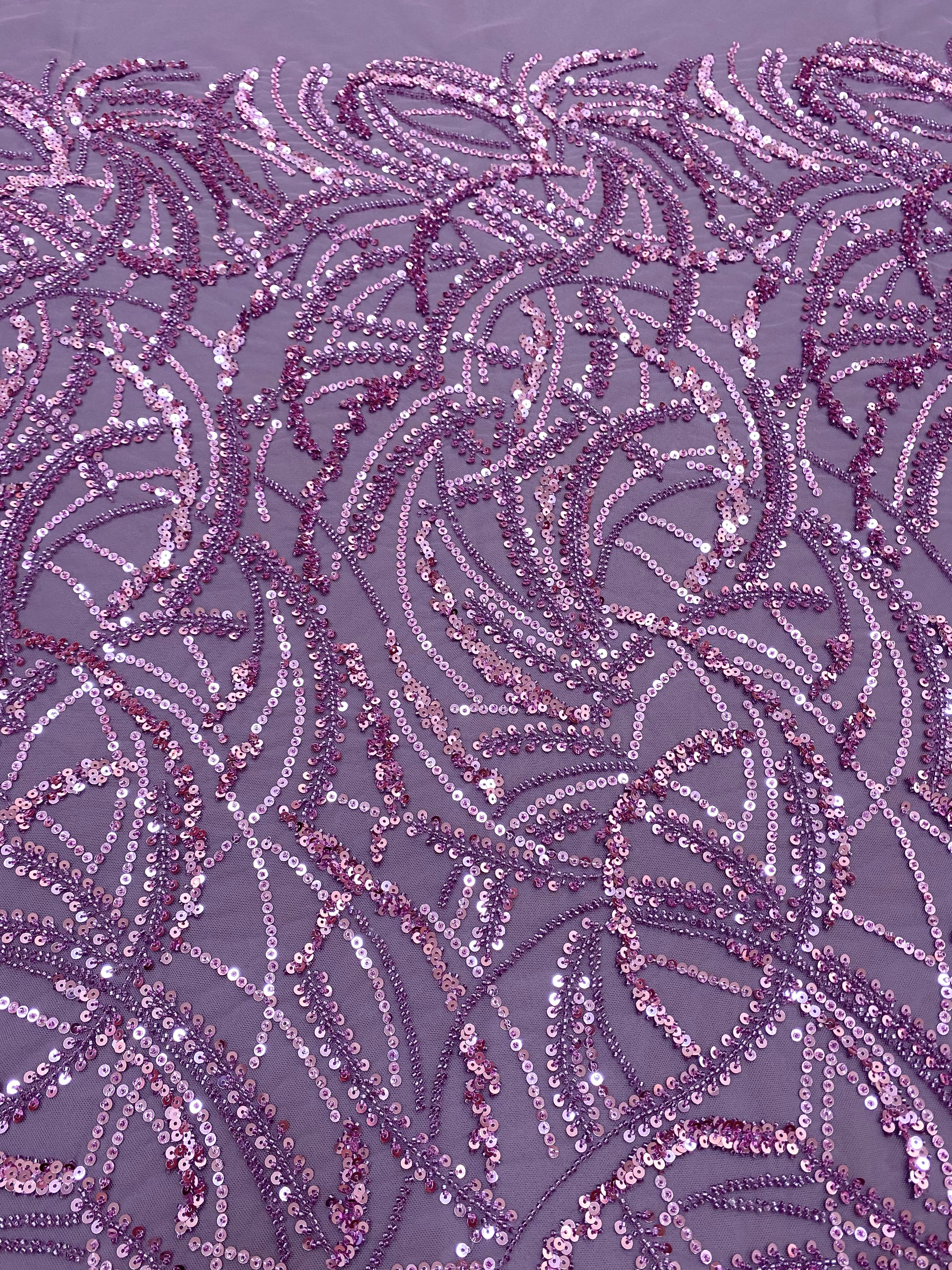 Dantela Couture Lavanda Pudrata cu Model Geometric, Margele si Paiete