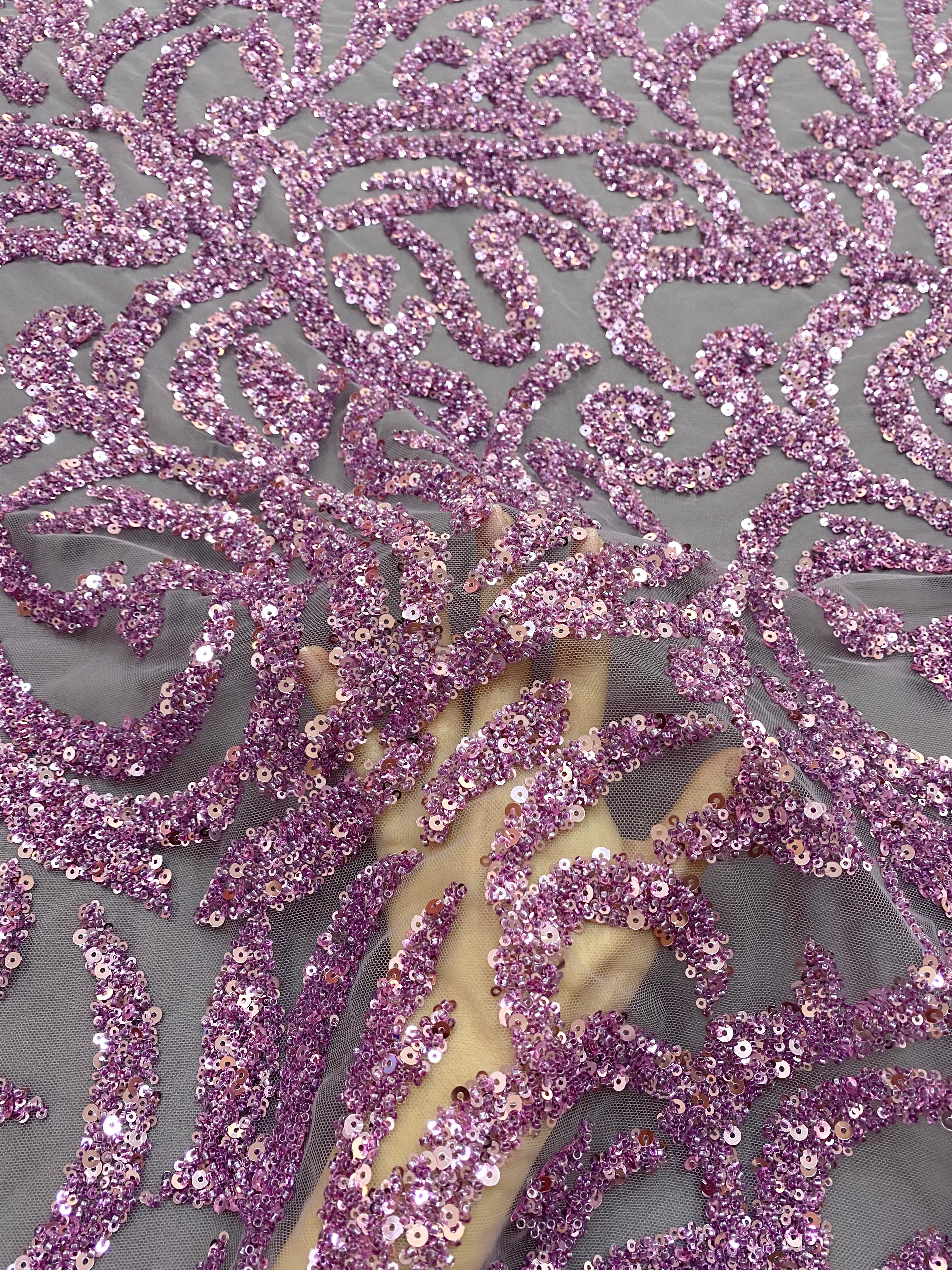 Powder Couture Lace with Geometric Pattern, with Beads and Sequins