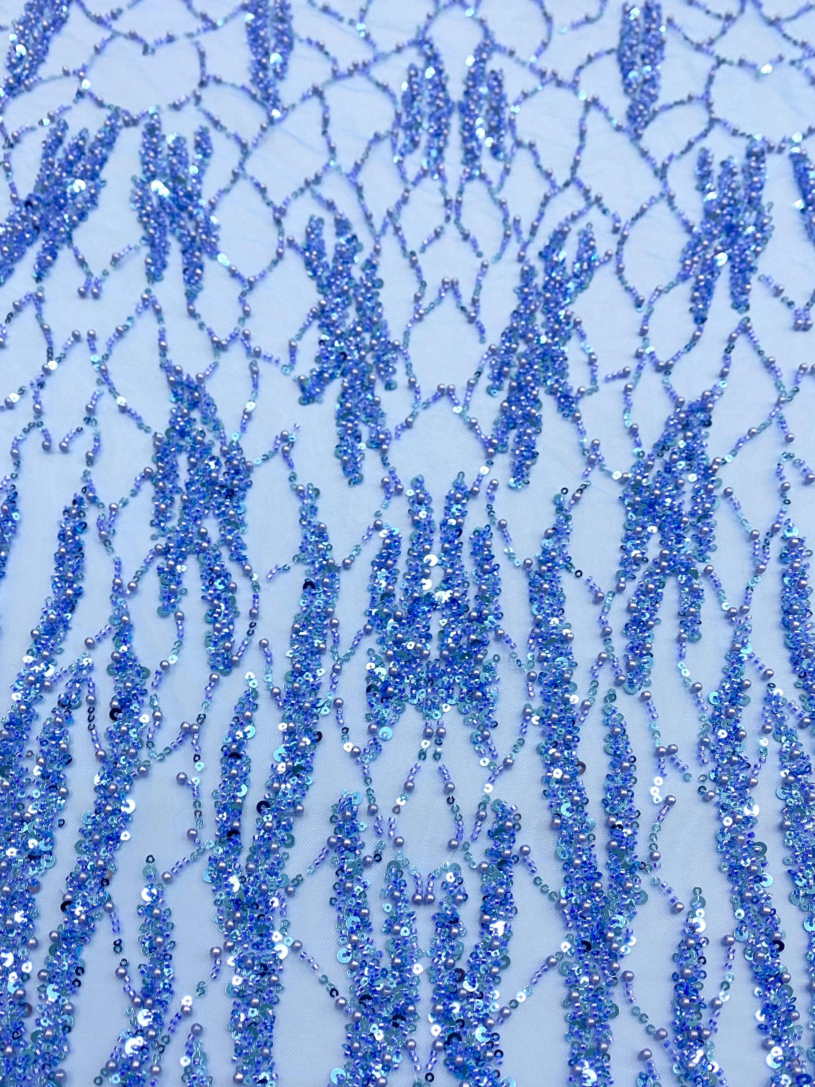 Silver Lace with Nude Tulle with Linear Pattern, Beads and Sequins