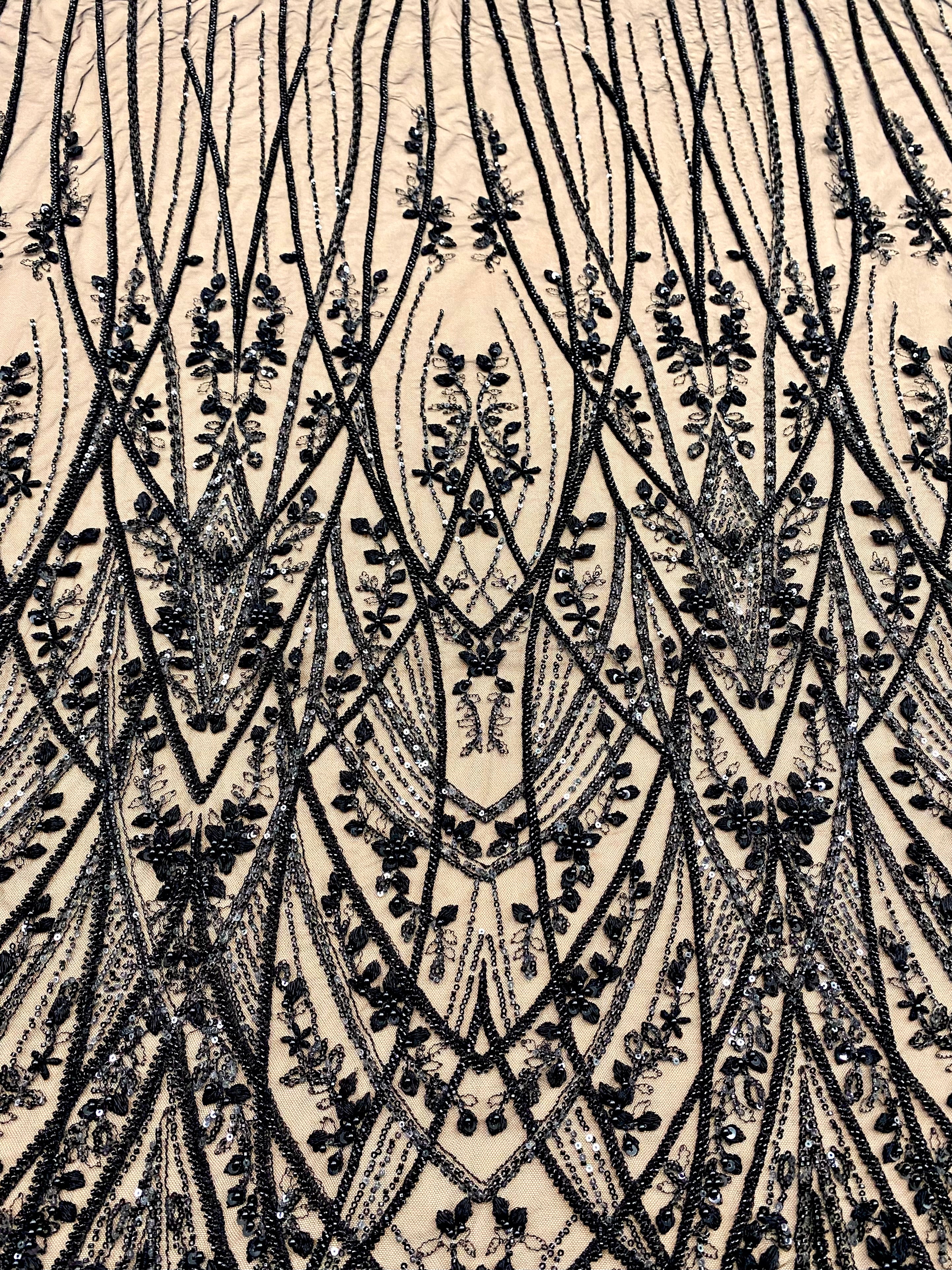 Black Couture Lace with Geometric Pattern, with Pearls, Beads and Sequins
