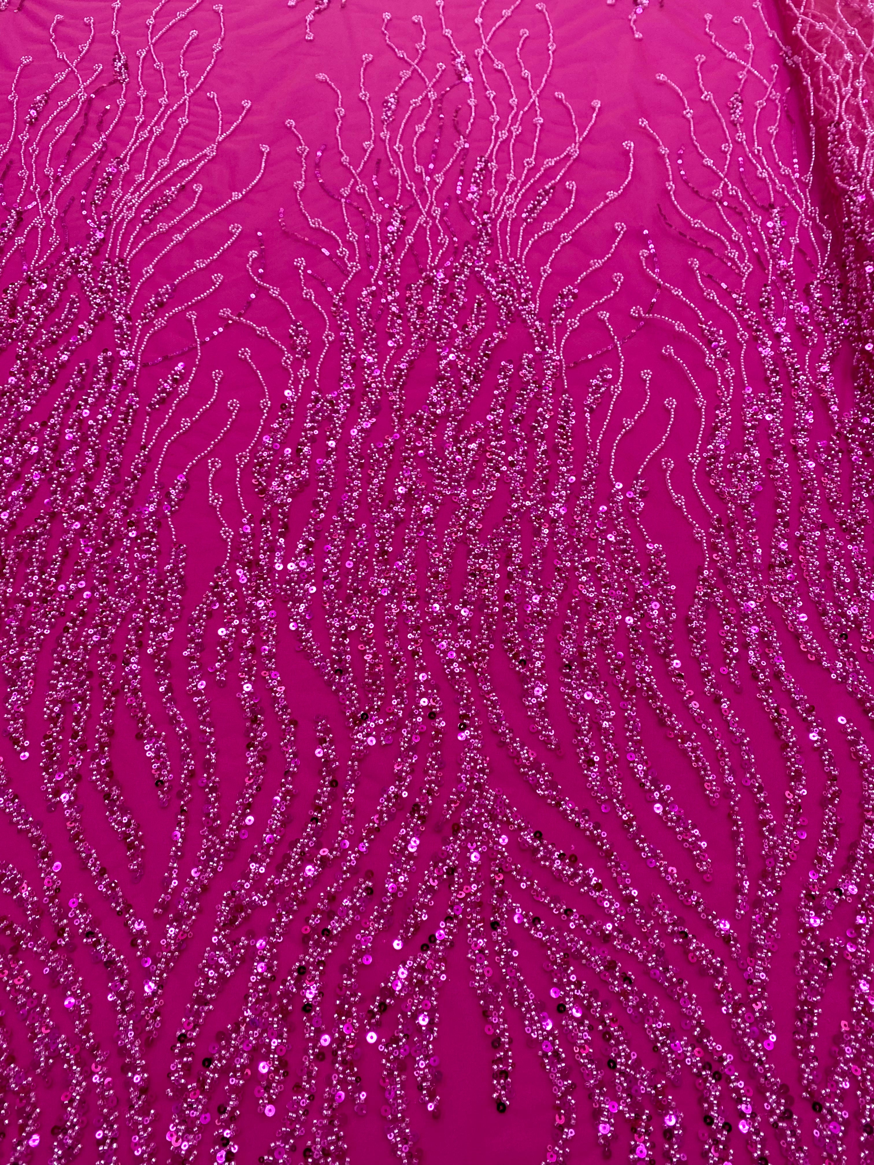 Dantela Couture Fucsia cu Siraguri, cu Margele si Paiete