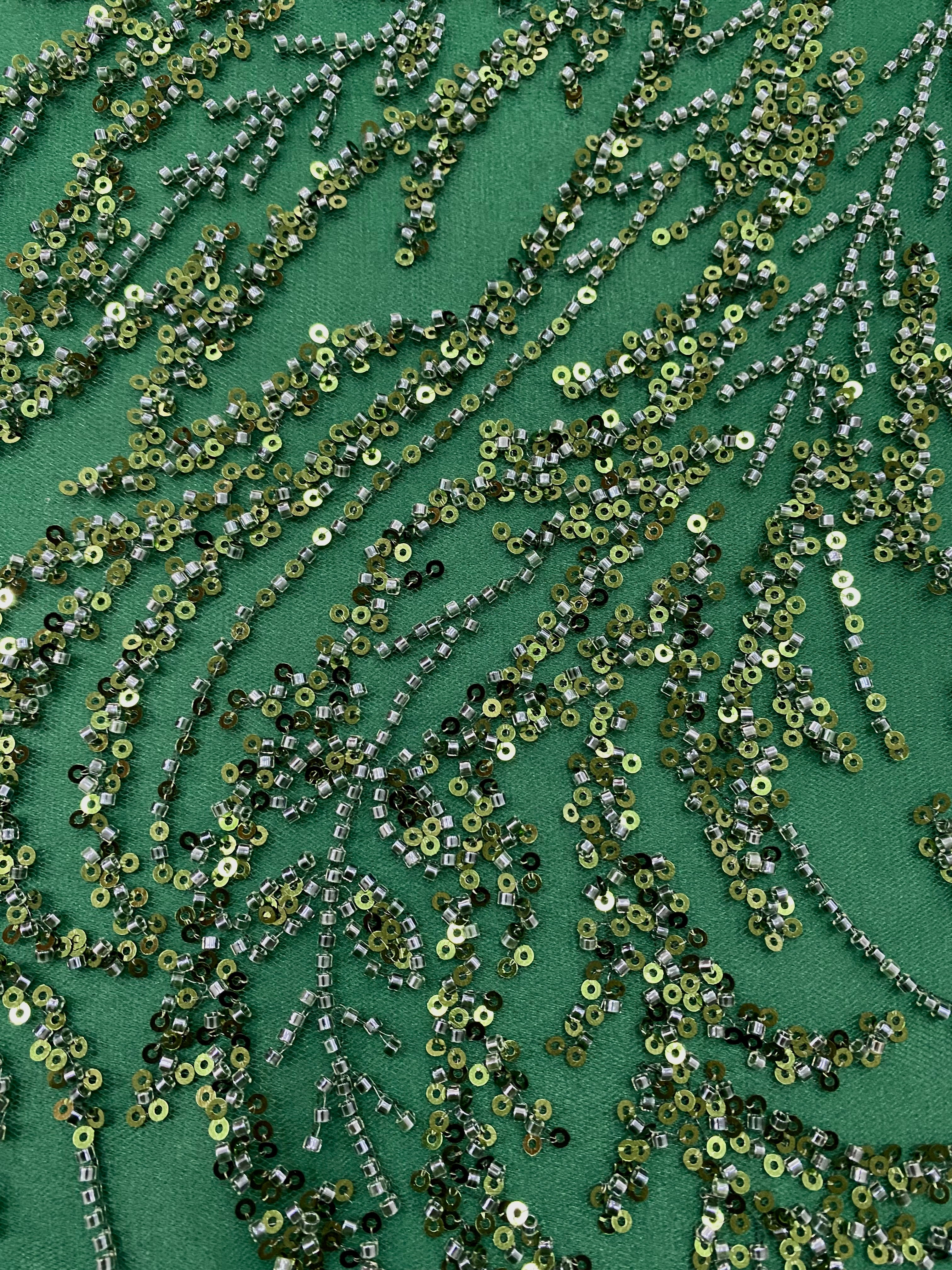 Emerald Green Couture Lace with Floral Pattern, Beads and Sequins