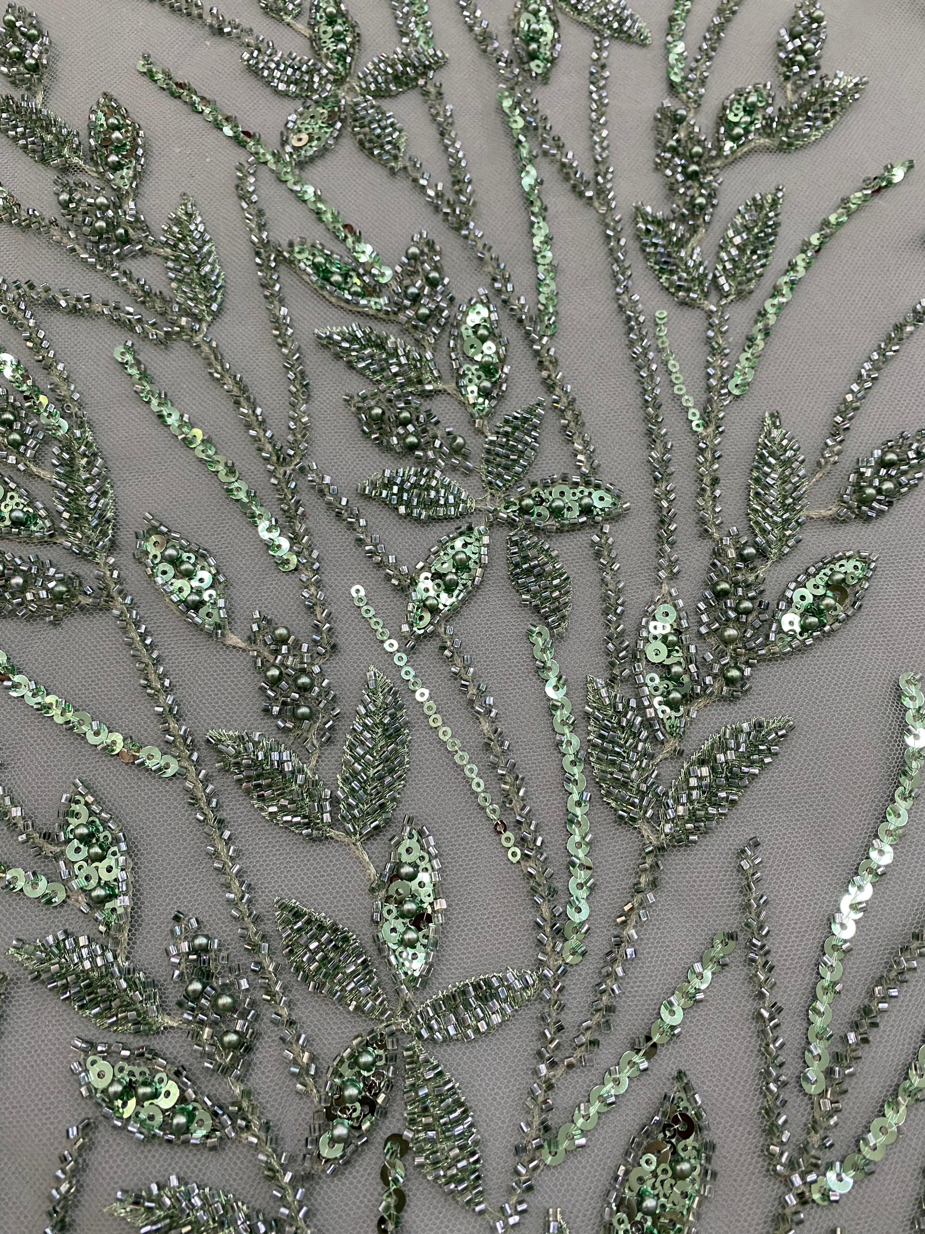 Dantela Couture Verde Ou de Rata cu Model Floral, Perle, Margele si Paiete